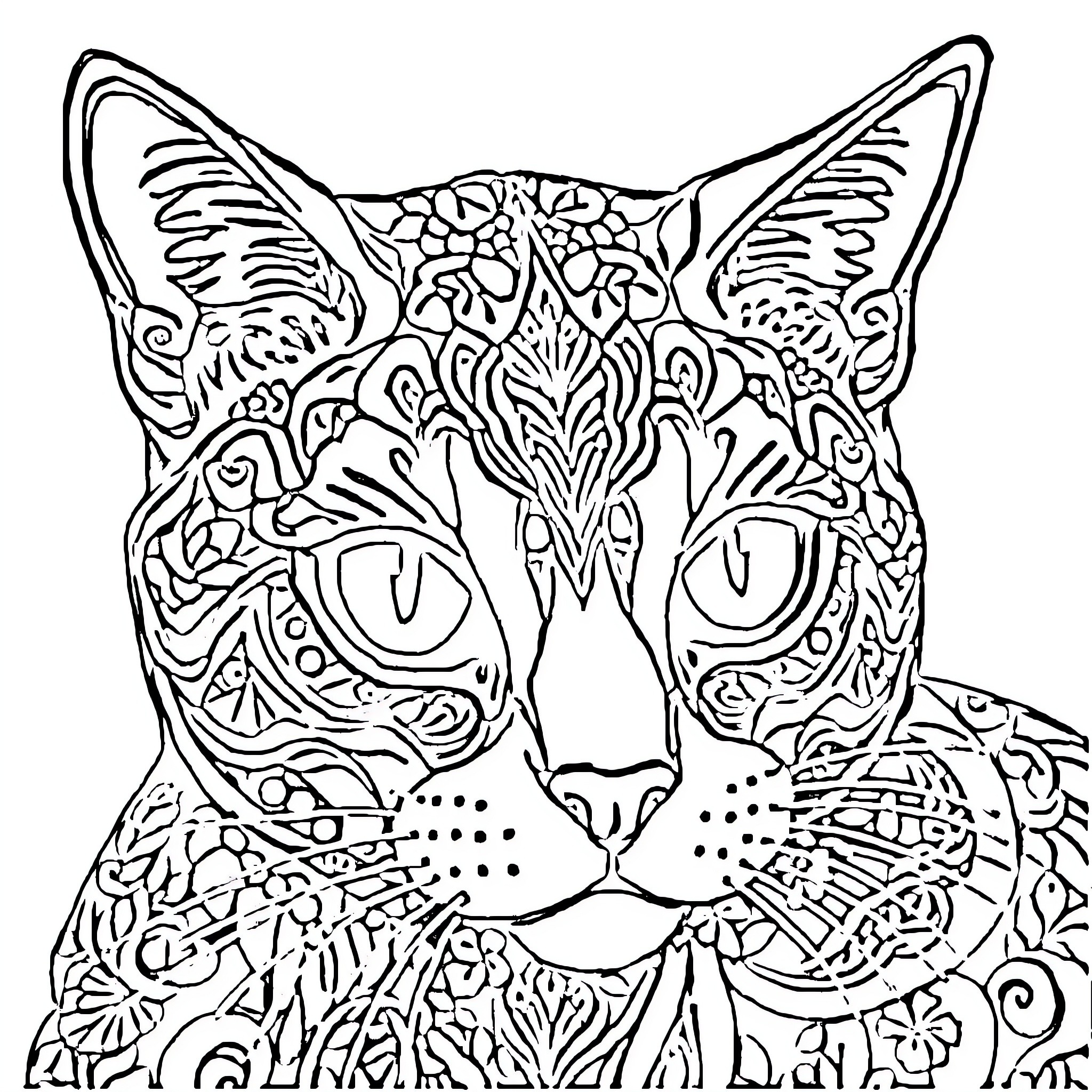 Cat Staring Intently at Ornate Patterns Coloring Page (free black-and-white line drawing printable PDF for all, from beginners to advanced learners, including children, teens, adults, and seniors)