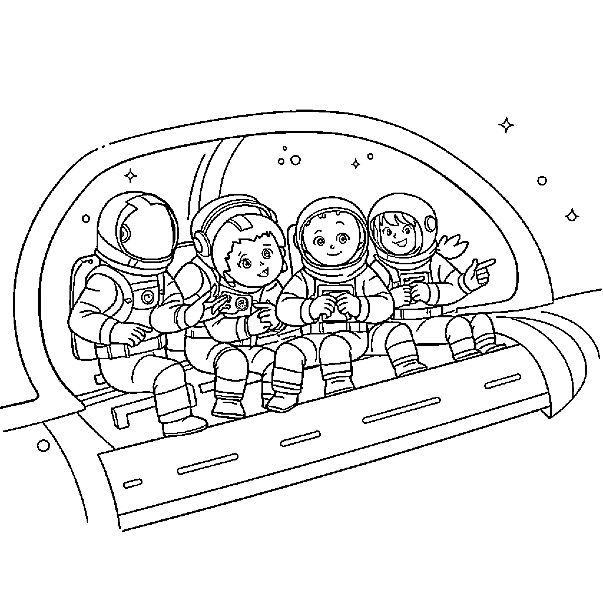 Among Us Astronauts Exploring the Cosmos Coloring Page (free black-and-white line drawing printable PDF for all, from beginners to advanced learners, including children, teens, adults, and seniors)