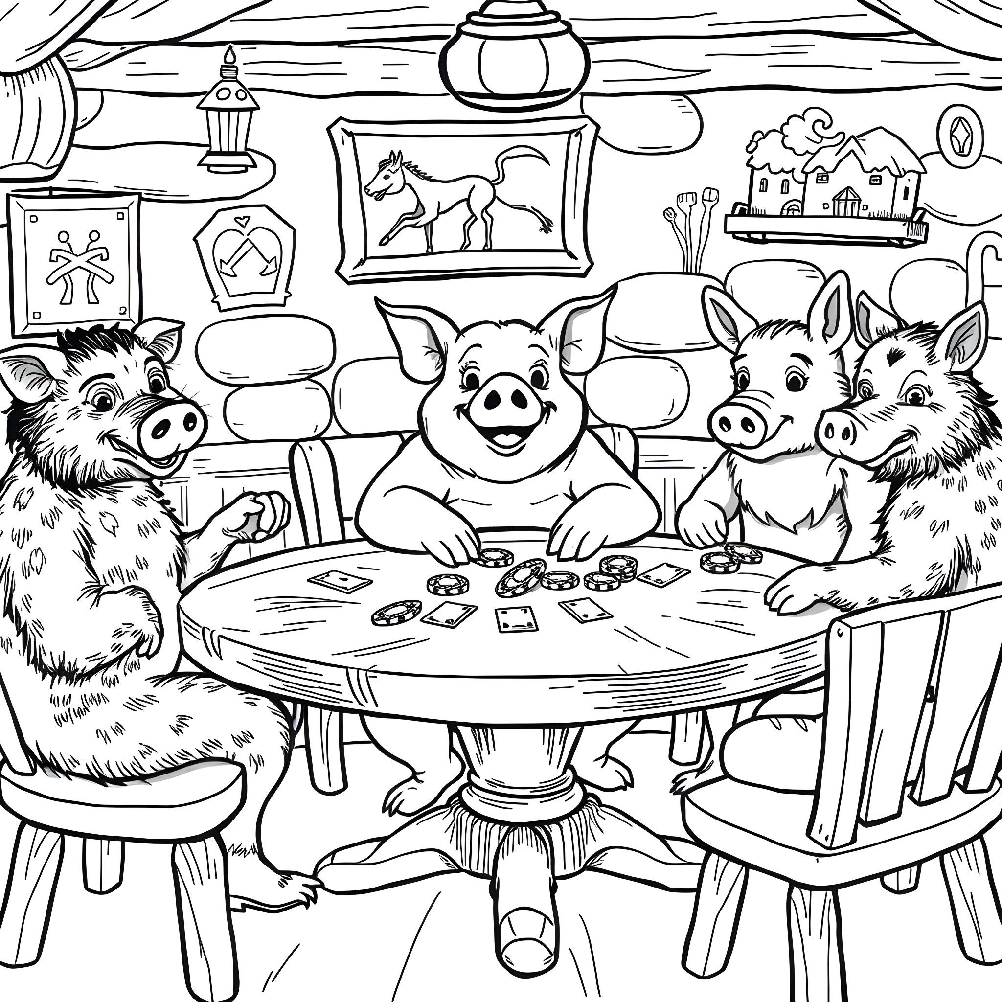 Pigs Playing Cards in Cozy Living Room Coloring Page (free black-and-white line drawing printable PDF for all, from beginners to advanced learners, including children, teens, adults, and seniors)