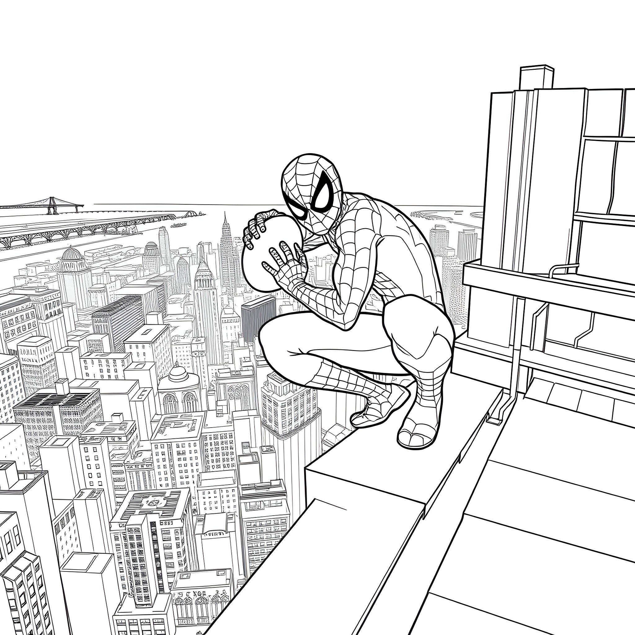 Spiderman swinging above the city skyline Coloring Page (free black-and-white line drawing printable PDF for all, from beginners to advanced learners, including children, teens, adults, and seniors)