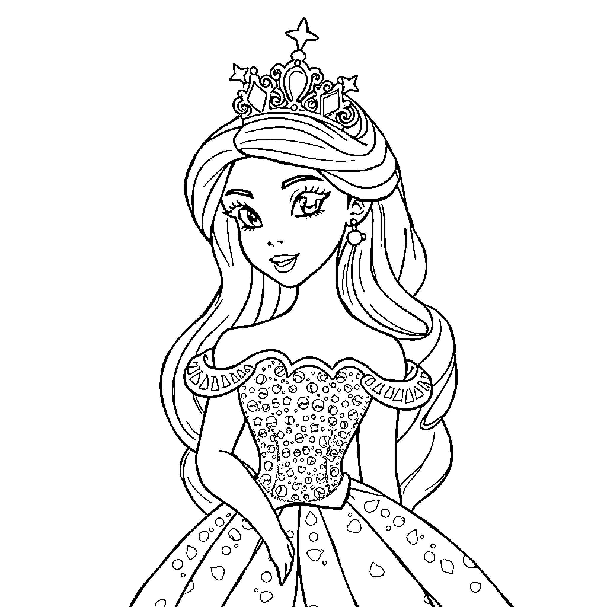 Princess Wearing Elegant Dress and Crown Coloring Page (free black-and-white line drawing printable PDF for all, from beginners to advanced learners, including children, teens, adults, and seniors)