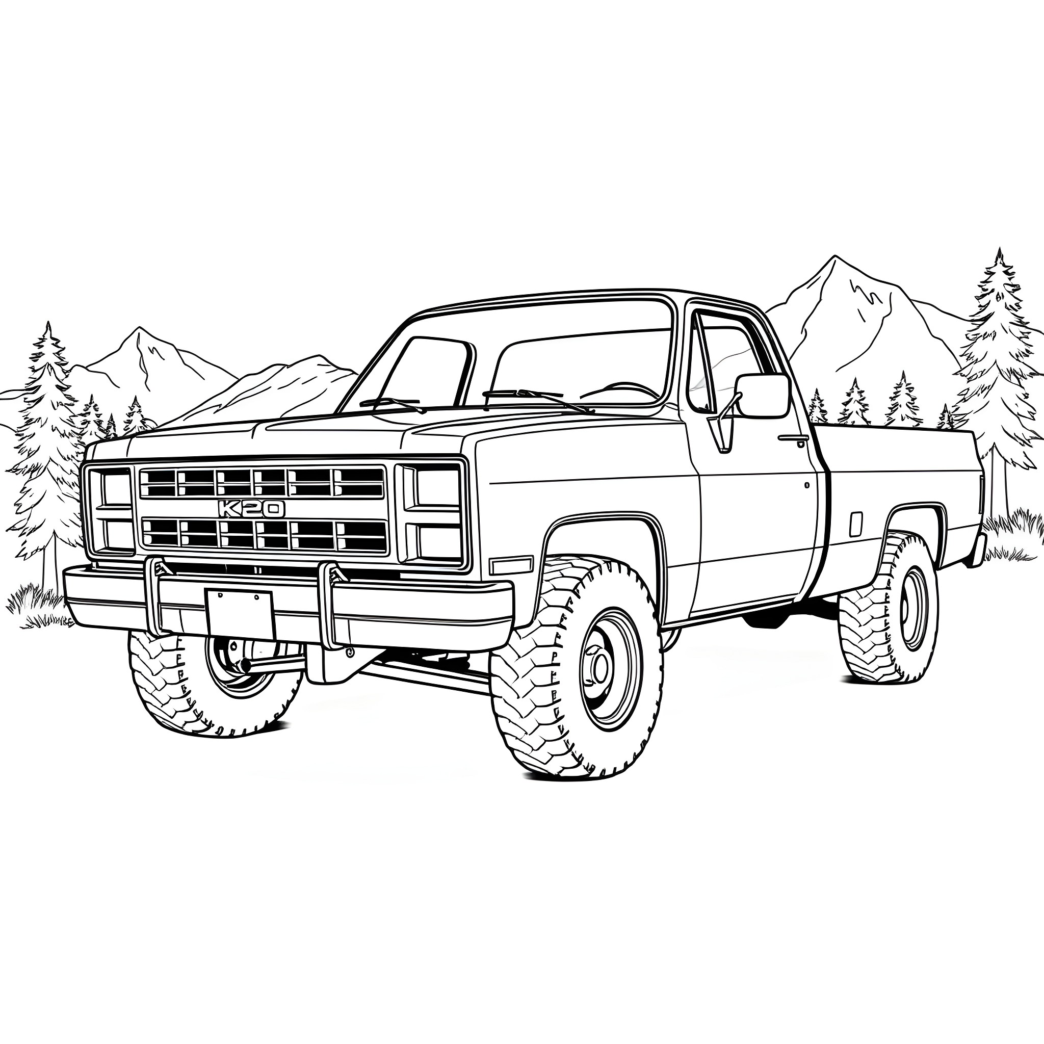 K20 Vintage Off-Road Truck in Scenic Mountain Setting Coloring Page (free black-and-white line drawing printable PDF for all, from beginners to advanced learners, including children, teens, adults, and seniors)