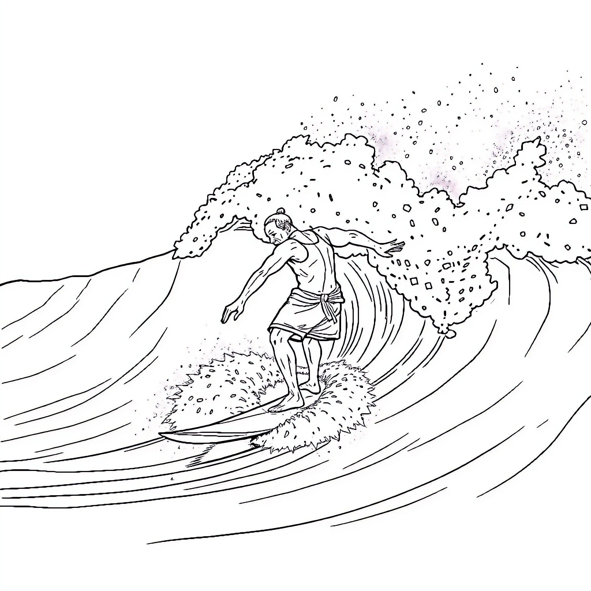 Man surfing on crashing wave Coloring Page (free black-and-white line drawing printable PDF for all, from beginners to advanced learners, including children, teens, adults, and seniors)
