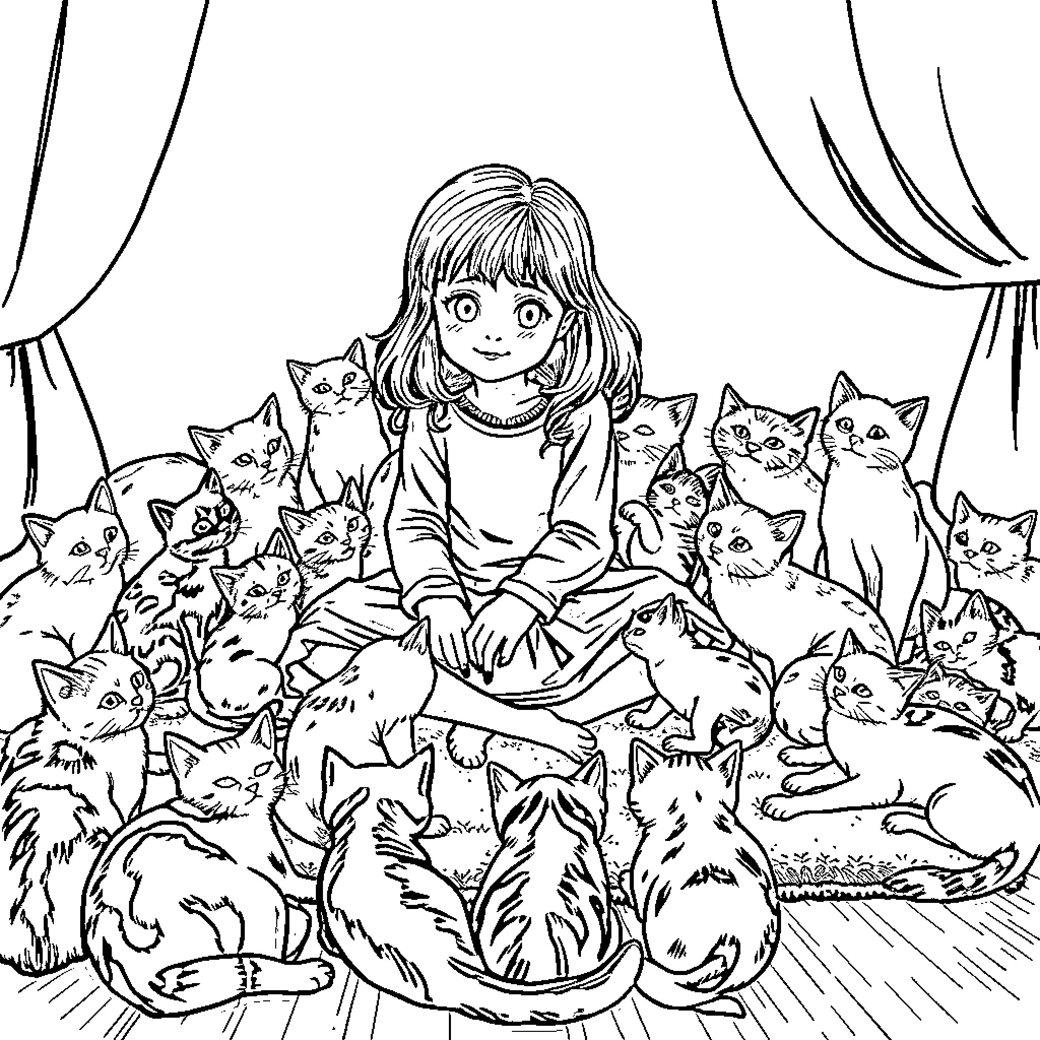 Girl surrounded by joyful kittens in a cozy setting Coloring Page (free black-and-white line drawing printable PDF for all, from beginners to advanced learners, including children, teens, adults, and seniors)