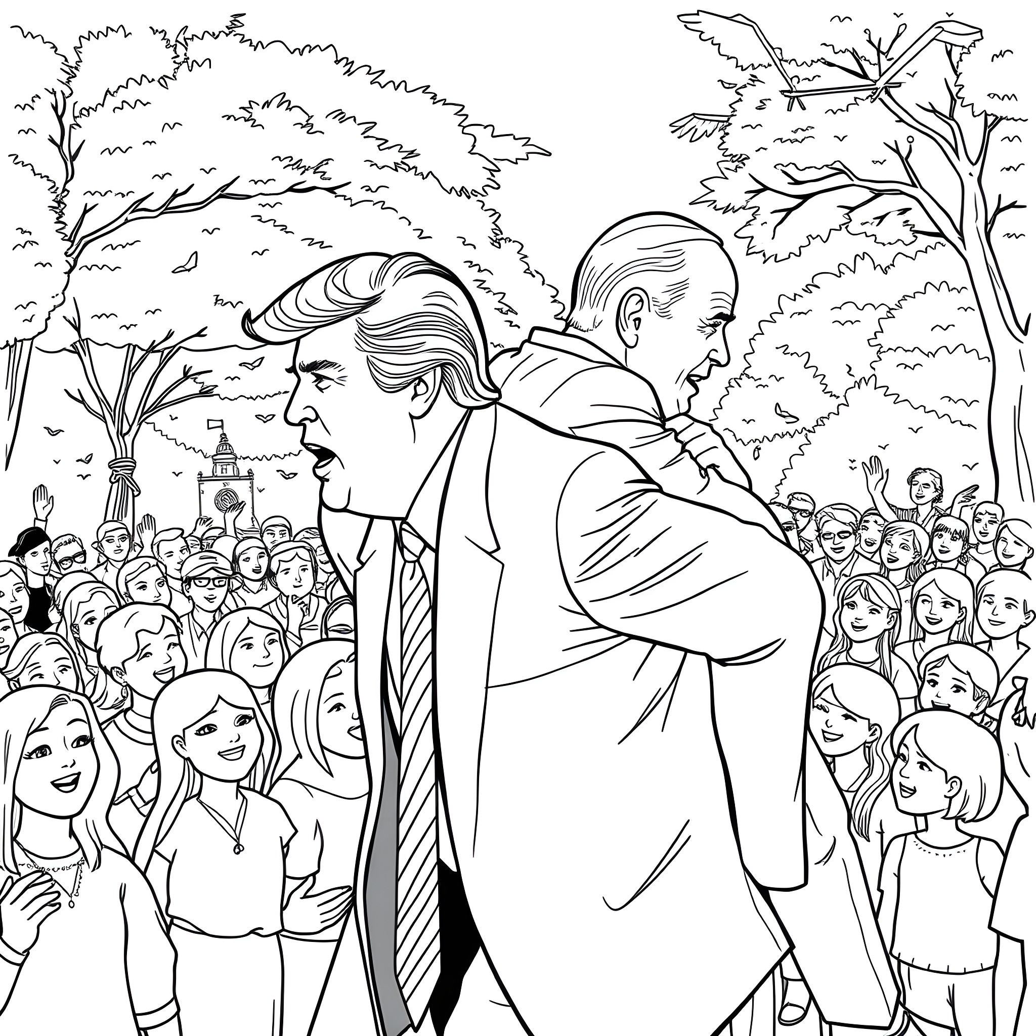 Donald Trump addressing a crowd of supporters Coloring Page (free black-and-white line drawing printable PDF for all, from beginners to advanced learners, including children, teens, adults, and seniors)