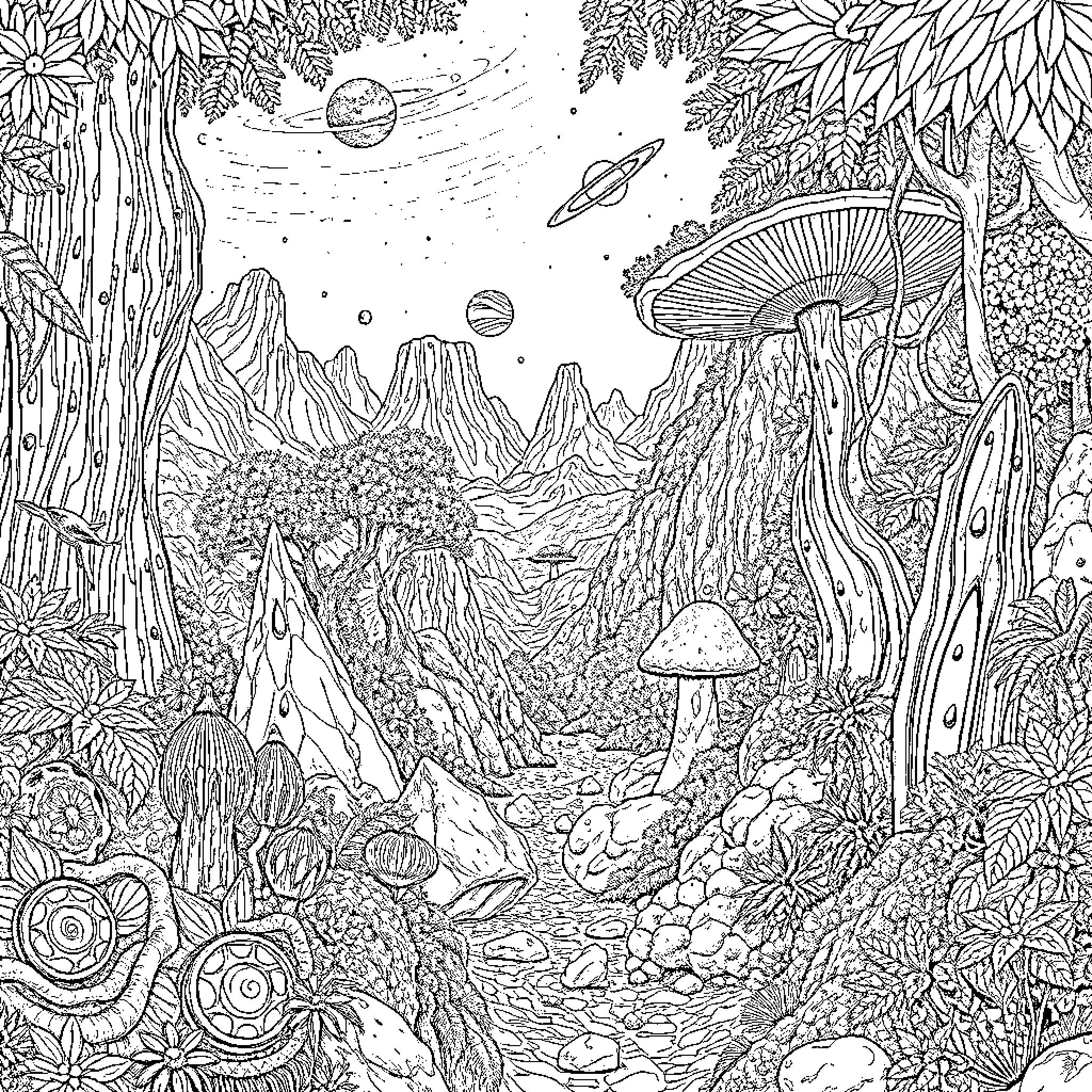Alien Forest with Fantastical Landscapes and Creatures Coloring Page (free black-and-white line drawing printable PDF for all, from beginners to advanced learners, including children, teens, adults, and seniors)