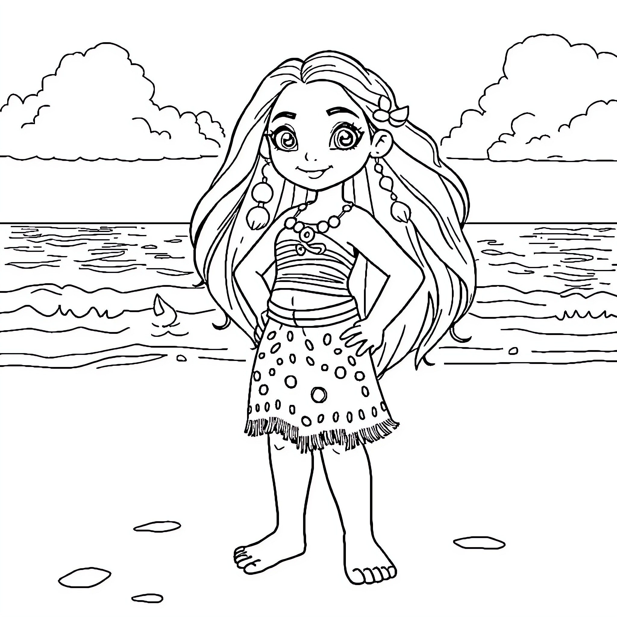 Moana enjoying a day at the beach Coloring Page (free black-and-white line drawing printable PDF for all, from beginners to advanced learners, including children, teens, adults, and seniors)