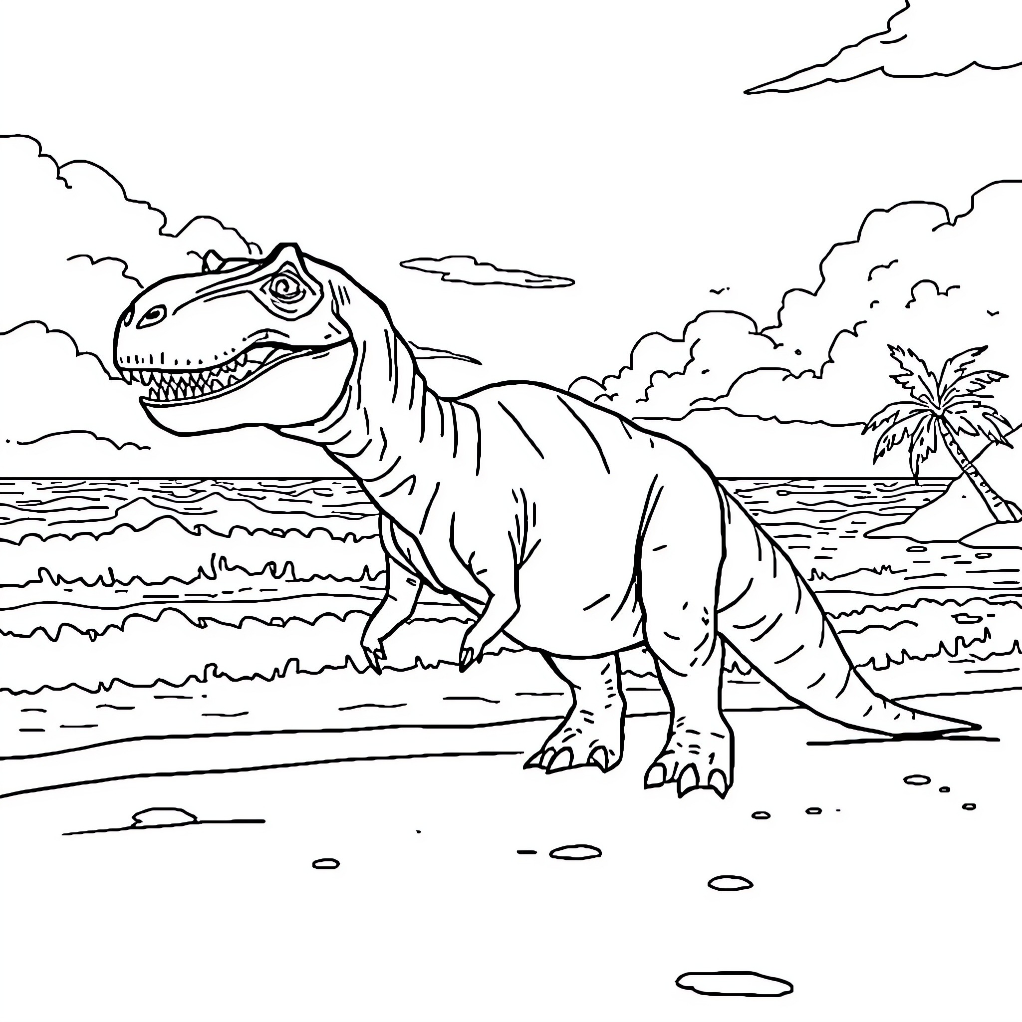 Trex roaming the prehistoric beach Coloring Page (free black-and-white line drawing printable PDF for all, from beginners to advanced learners, including children, teens, adults, and seniors)