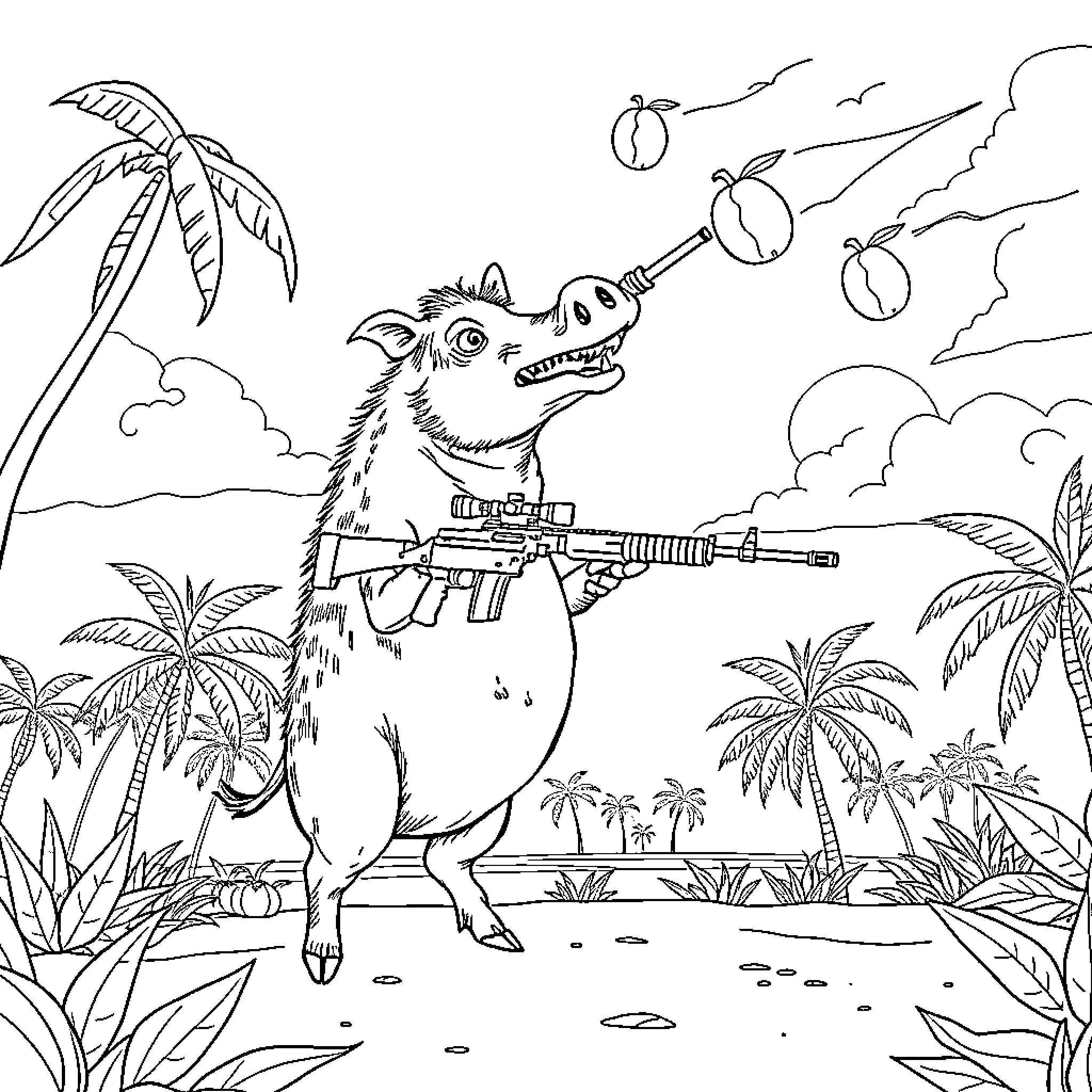 Warthog wielding a rifle in a tropical setting Coloring Page (free black-and-white line drawing printable PDF for all, from beginners to advanced learners, including children, teens, adults, and seniors)