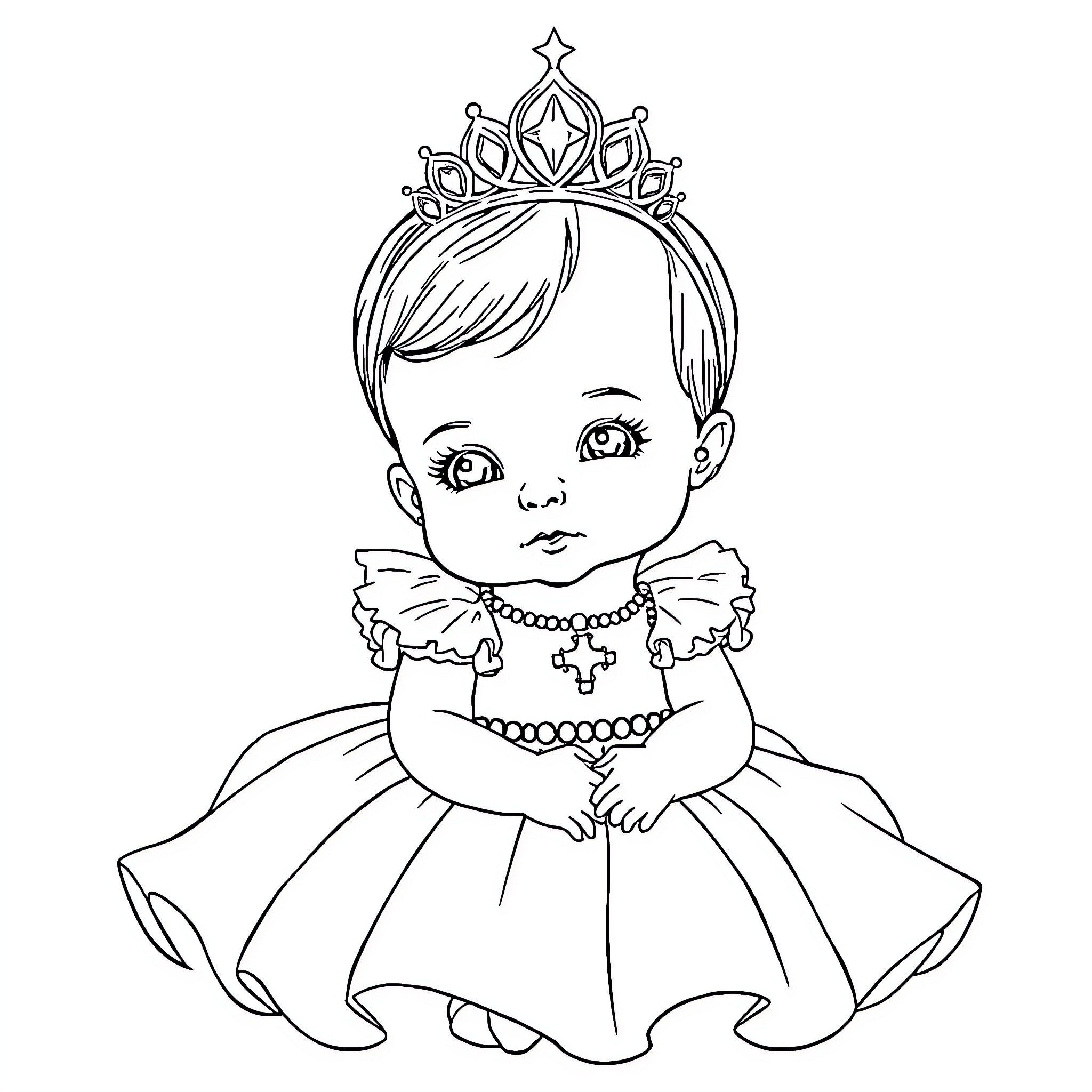 Girl wearing princess crown and dress Coloring Page (free black-and-white line drawing printable PDF for all, from beginners to advanced learners, including children, teens, adults, and seniors)