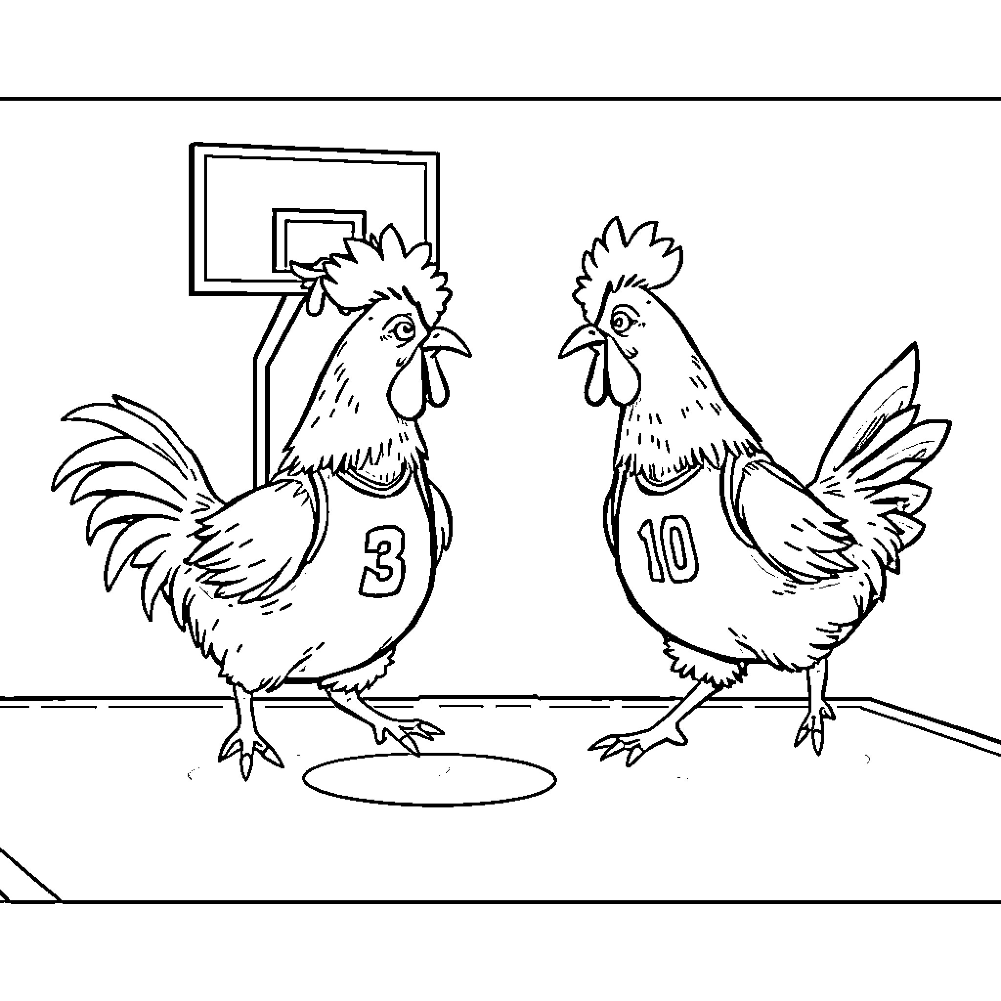 Chicken playing basketball in the gym Coloring Page (free black-and-white line drawing printable PDF for all, from beginners to advanced learners, including children, teens, adults, and seniors)