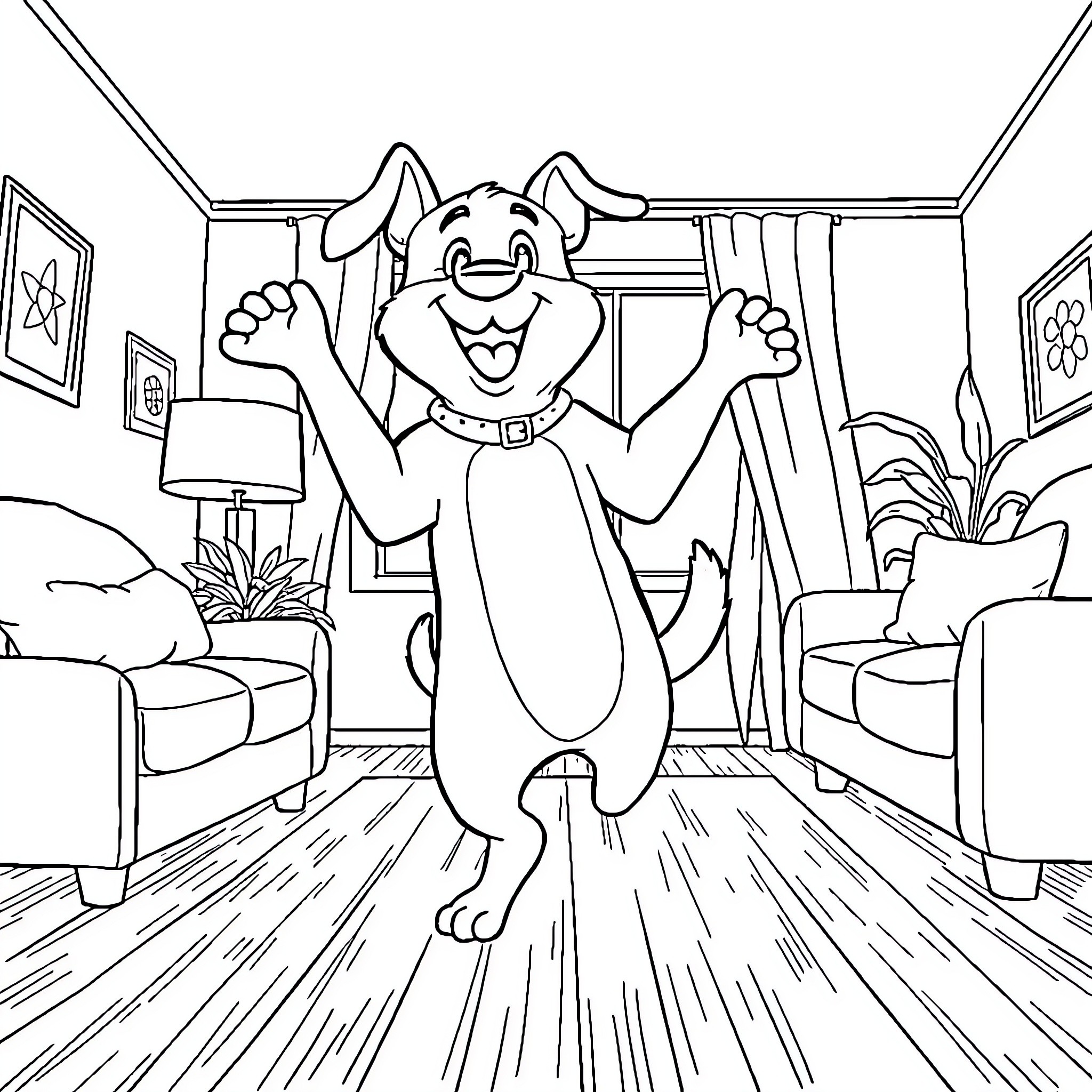 Bluey Excitedly Exploring a Cozy Home Coloring Page (free black-and-white line drawing printable PDF for all, from beginners to advanced learners, including children, teens, adults, and seniors)