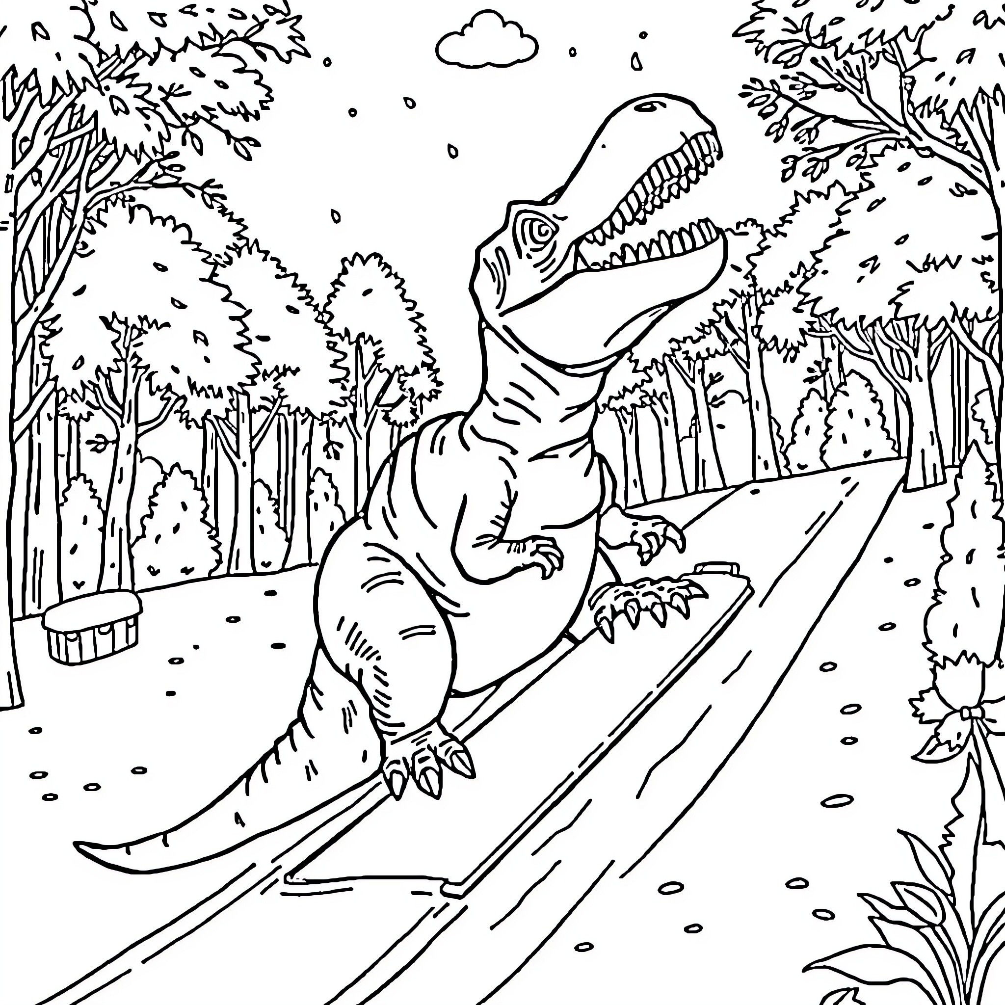 T-Rex exploring the forest environment Coloring Page (free black-and-white line drawing printable PDF for all, from beginners to advanced learners, including children, teens, adults, and seniors)
