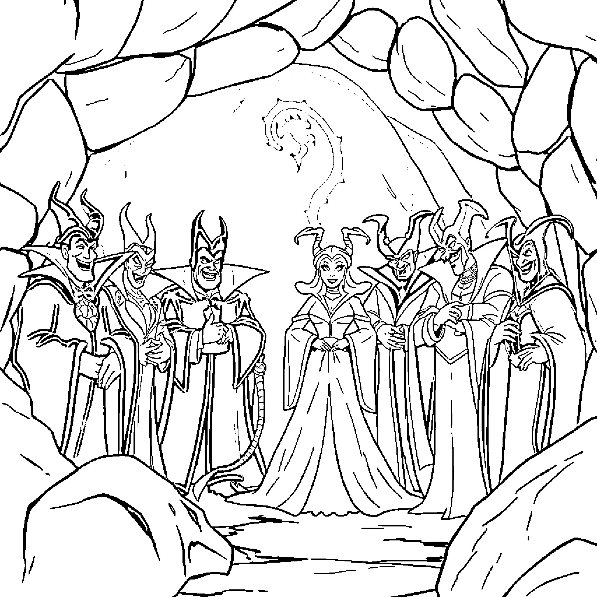 Villain Gathers Powerful Minions in Ominous Lair Coloring Page (free black-and-white line drawing printable PDF for all, from beginners to advanced learners, including children, teens, adults, and seniors)
