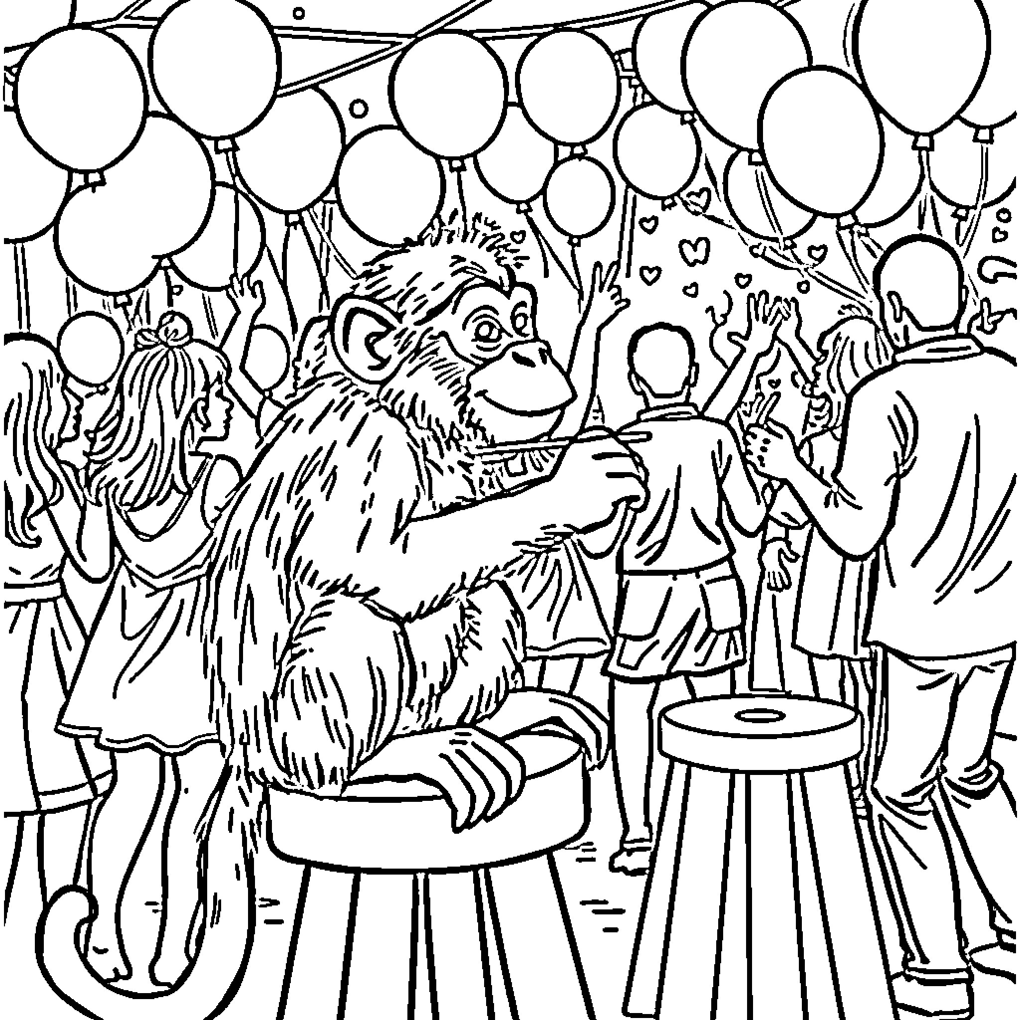 Monkey playing at a festive celebration with balloons Coloring Page (free black-and-white line drawing printable PDF for all, from beginners to advanced learners, including children, teens, adults, and seniors)