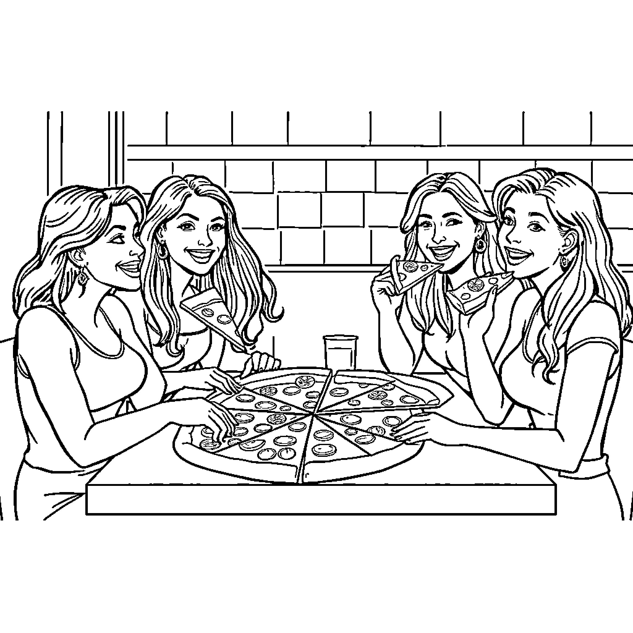 Women enjoying a pizza party together Coloring Page (free black-and-white line drawing printable PDF for all, from beginners to advanced learners, including children, teens, adults, and seniors)