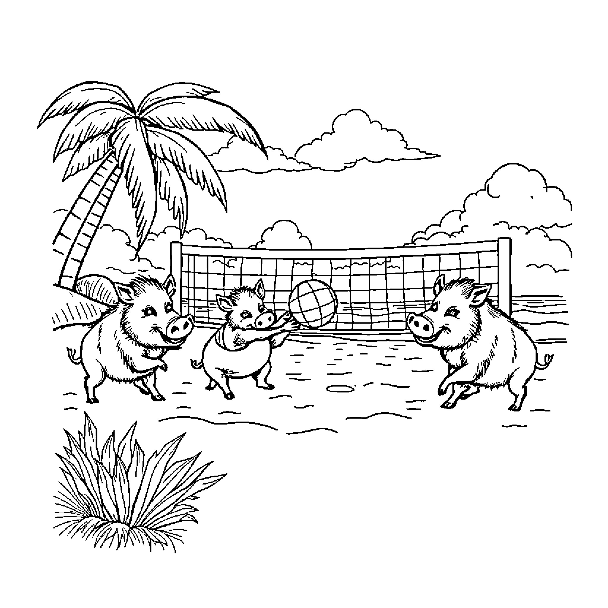 Wildboar playing volleyball on the beach Coloring Page (free black-and-white line drawing printable PDF for all, from beginners to advanced learners, including children, teens, adults, and seniors)