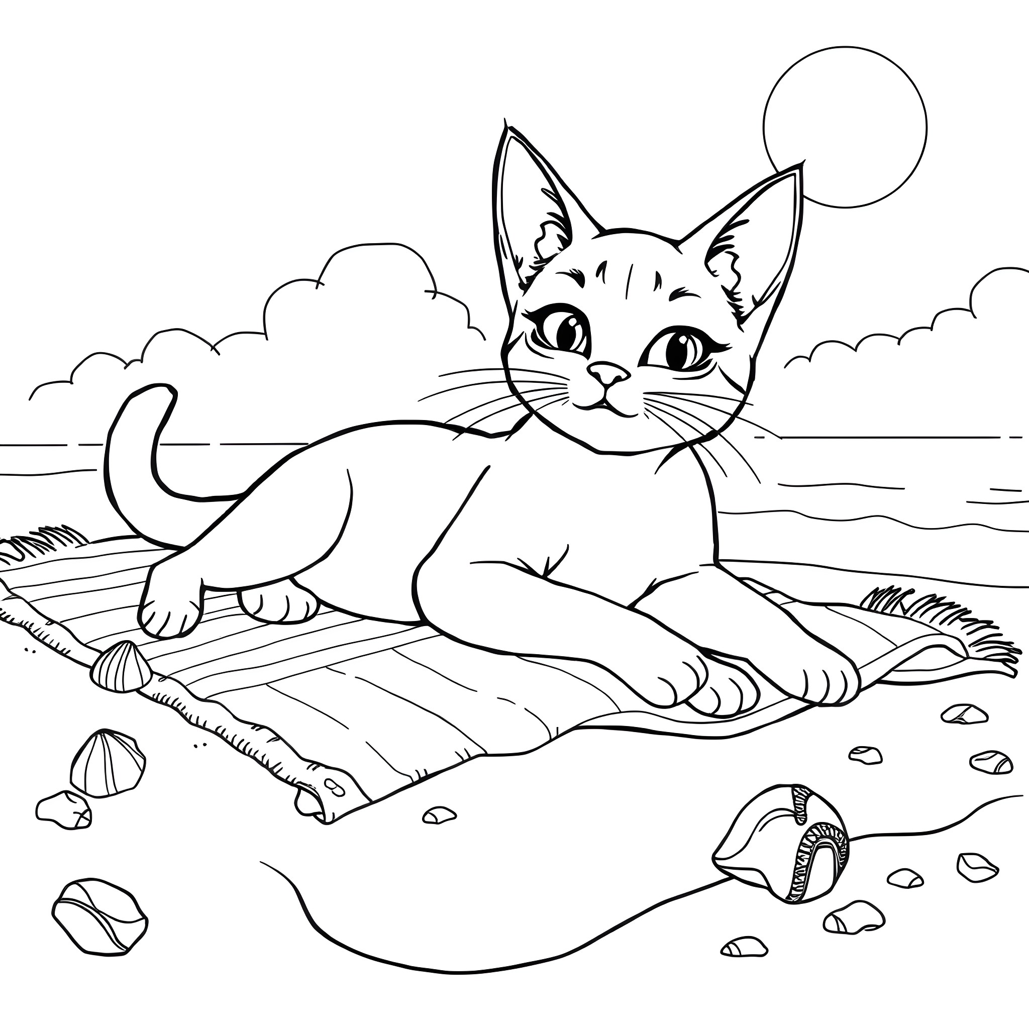 Cat Girl Relaxing on the Beach at Sunset Coloring Page (free black-and-white line drawing printable PDF for all, from beginners to advanced learners, including children, teens, adults, and seniors)