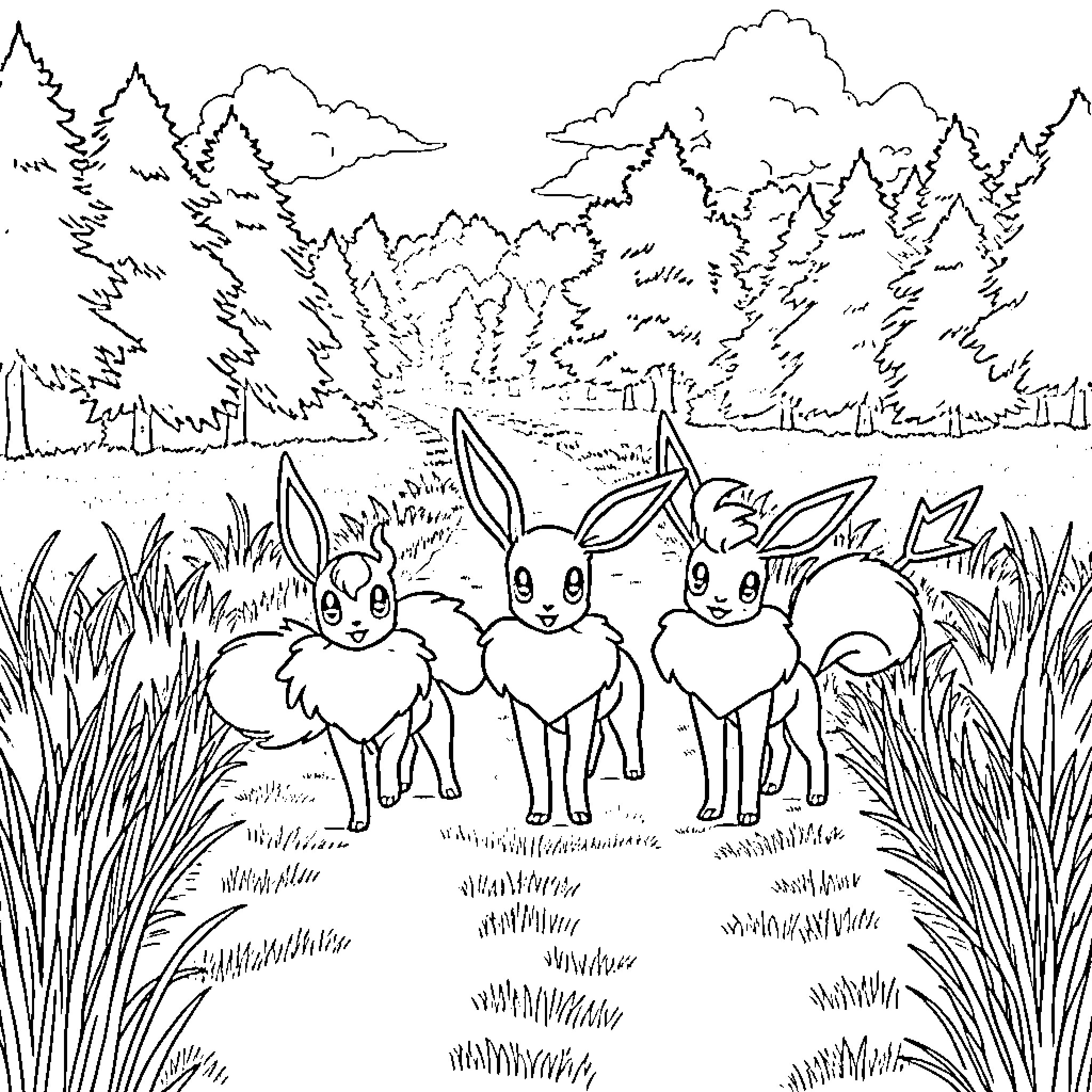 Eeveelution trio playing in the forest Coloring Page (free black-and-white line drawing printable PDF for all, from beginners to advanced learners, including children, teens, adults, and seniors)