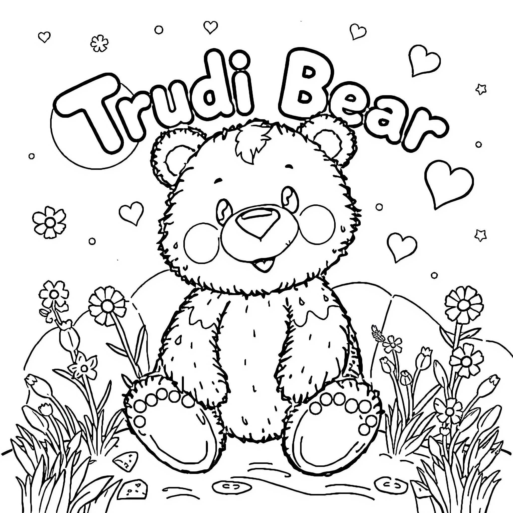 Bear sitting happily in nature with flowers Coloring Page (free black-and-white line drawing printable PDF for all, from beginners to advanced learners, including children, teens, adults, and seniors)