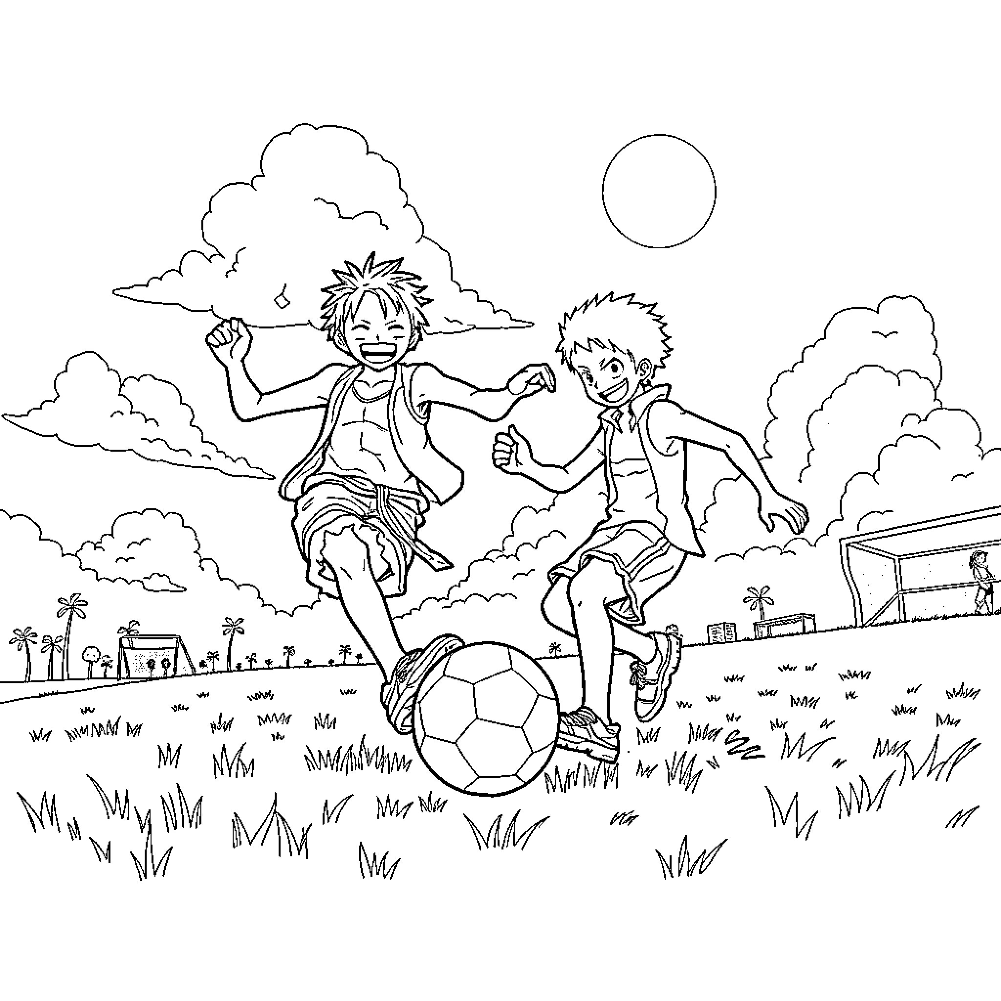 One Piece Characters Playing Soccer Joyfully Coloring Page (free black-and-white line drawing printable PDF for all, from beginners to advanced learners, including children, teens, adults, and seniors)