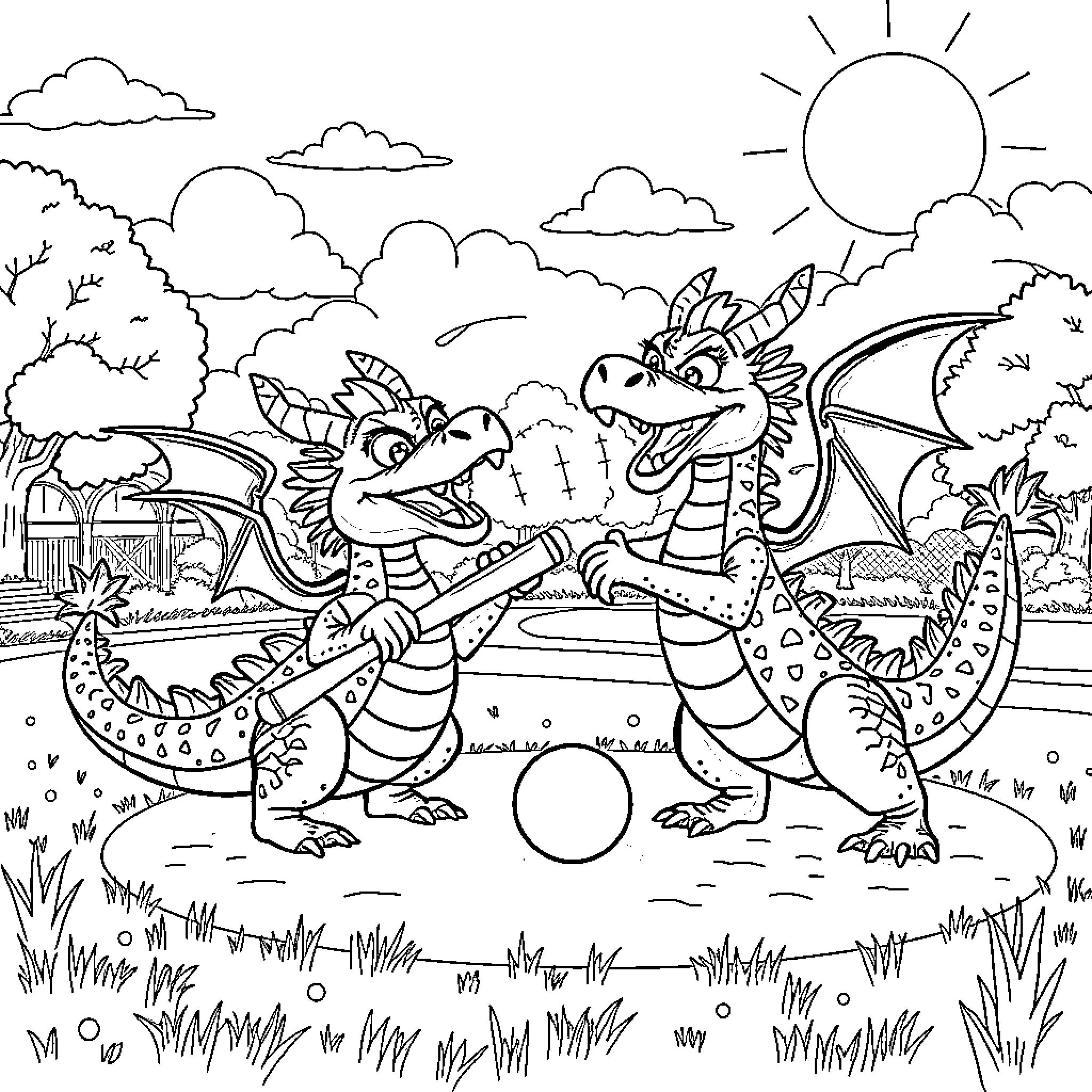 Dragons Playing Joyfully in a Meadow Coloring Page (free black-and-white line drawing printable PDF for all, from beginners to advanced learners, including children, teens, adults, and seniors)
