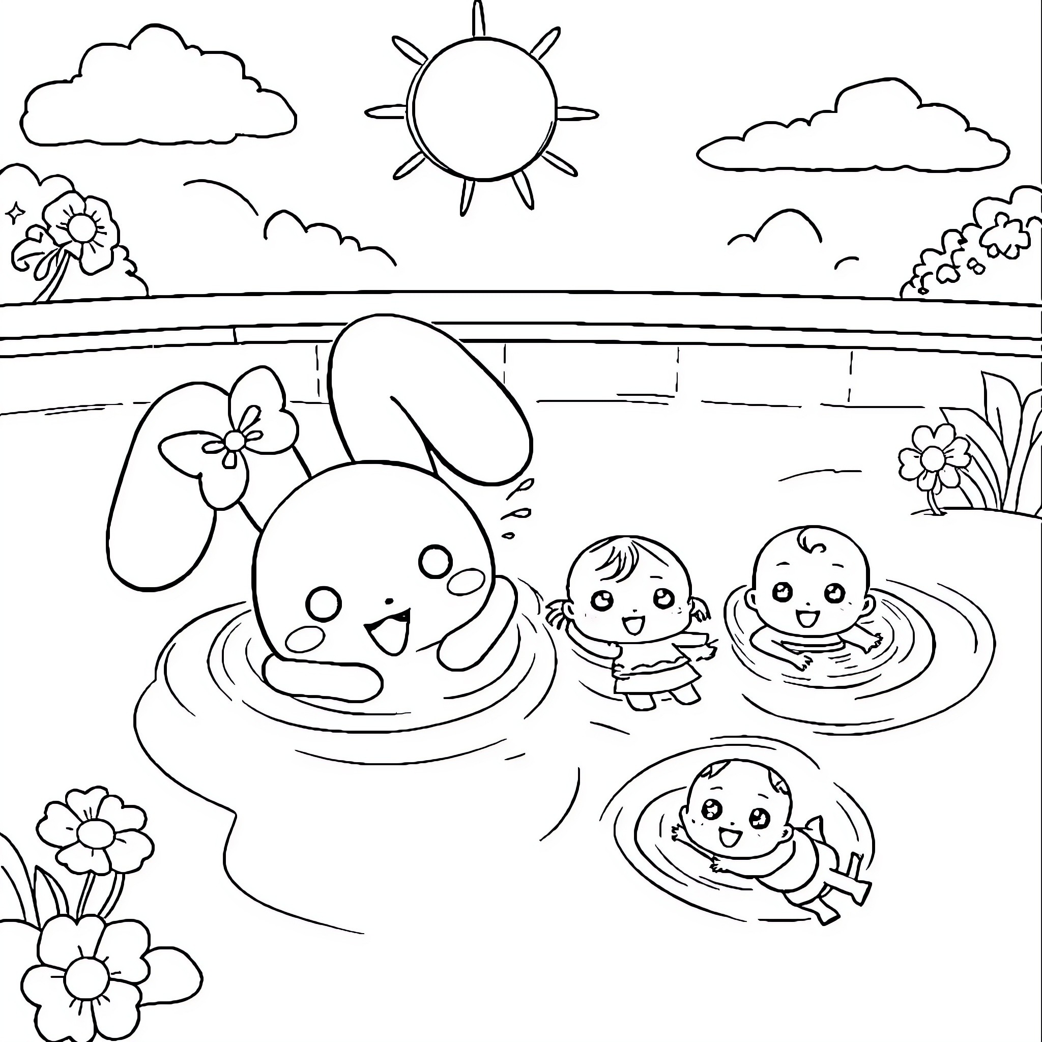Cinnamoroll enjoying a sunny day with friends at the lake Coloring Page (free black-and-white line drawing printable PDF for all, from beginners to advanced learners, including children, teens, adults, and seniors)