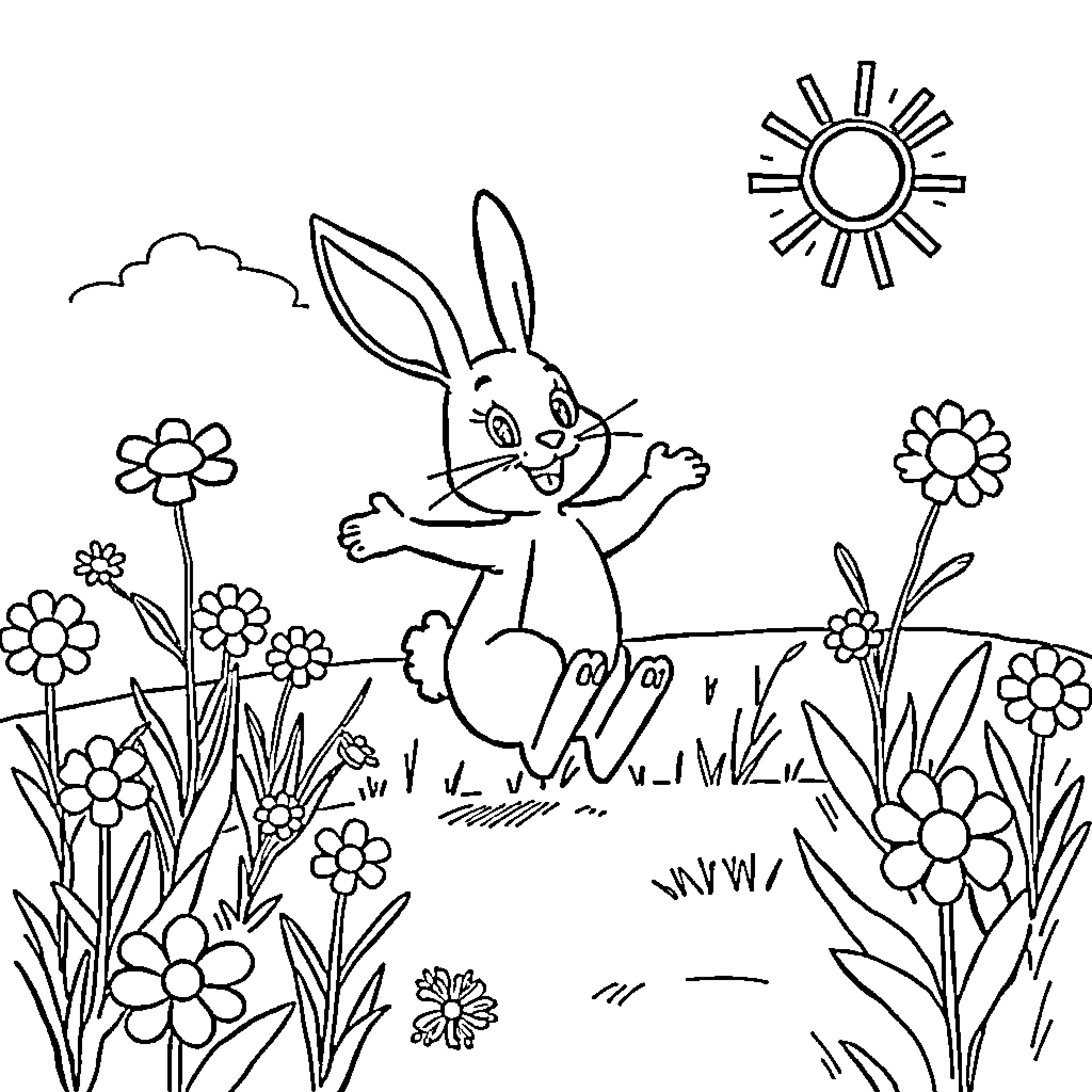 Rabbit running playfully through a flower garden Coloring Page (free black-and-white line drawing printable PDF for all, from beginners to advanced learners, including children, teens, adults, and seniors)