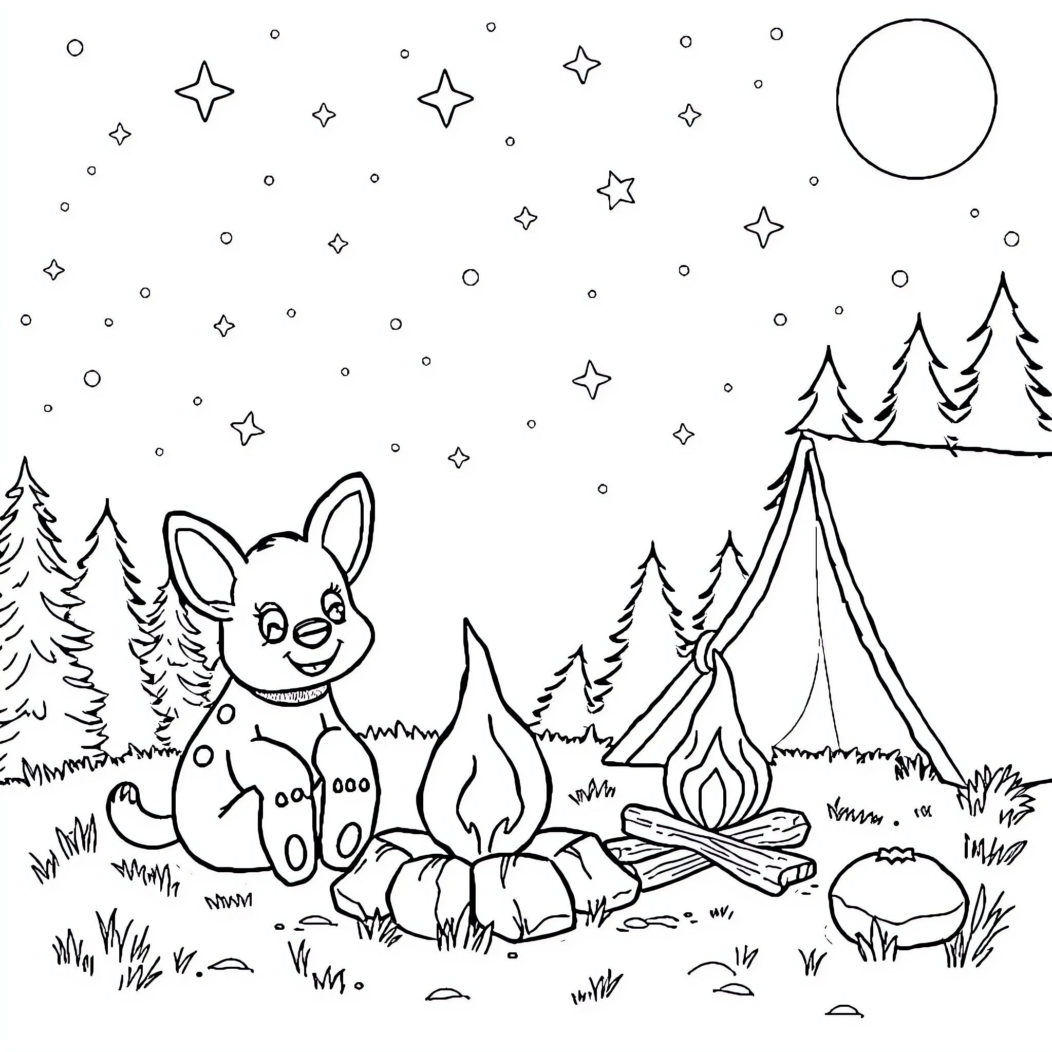 Bluey's Camping Adventure Coloring Page (free black-and-white line drawing printable PDF for all, from beginners to advanced learners, including children, teens, adults, and seniors)