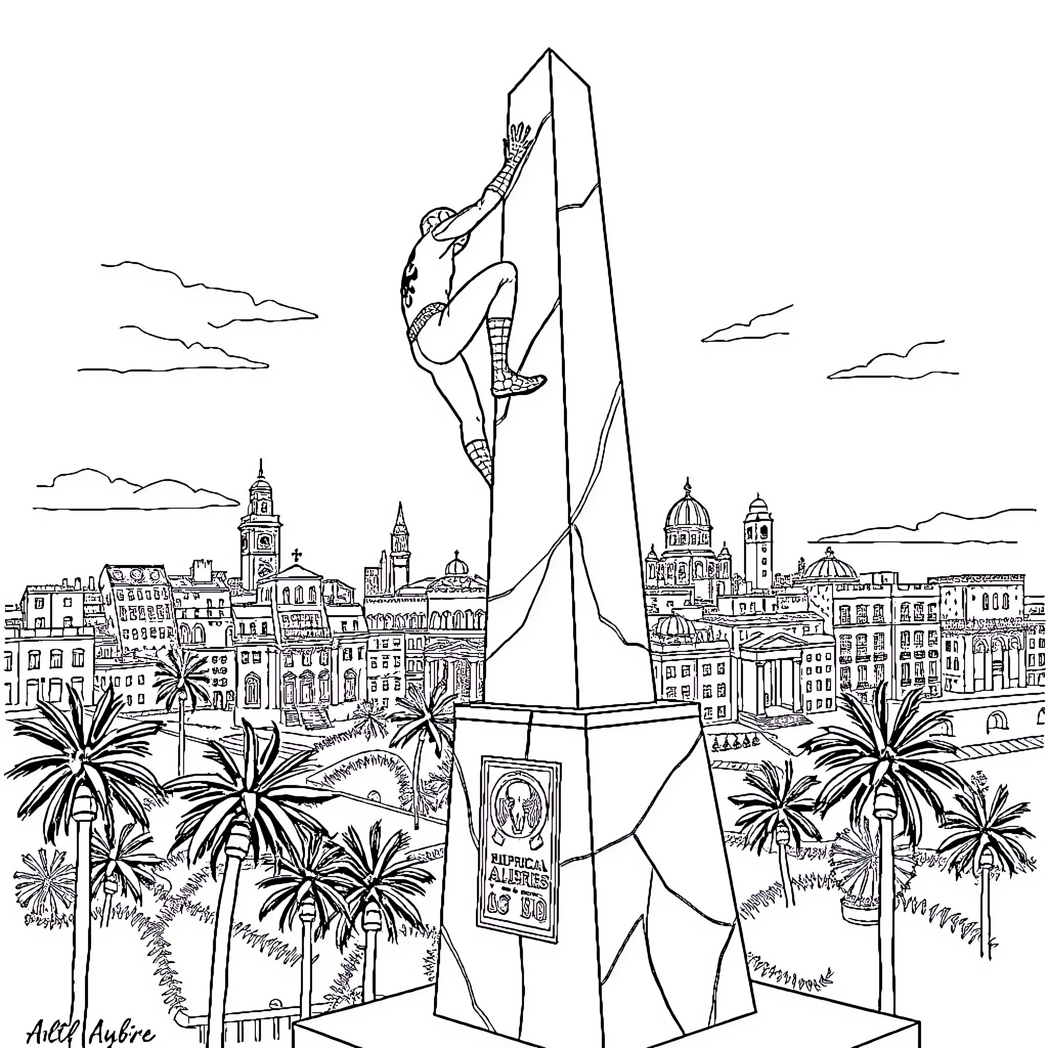 Spiderman climbing a skyscraper in a city skyline Coloring Page (free black-and-white line drawing printable PDF for all, from beginners to advanced learners, including children, teens, adults, and seniors)