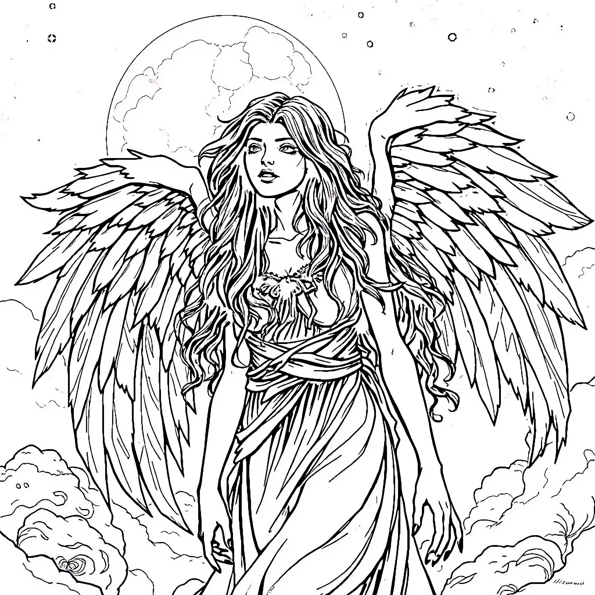Fallen Angel in Celestial Splendor Coloring Page (free black-and-white line drawing printable PDF for all, from beginners to advanced learners, including children, teens, adults, and seniors)