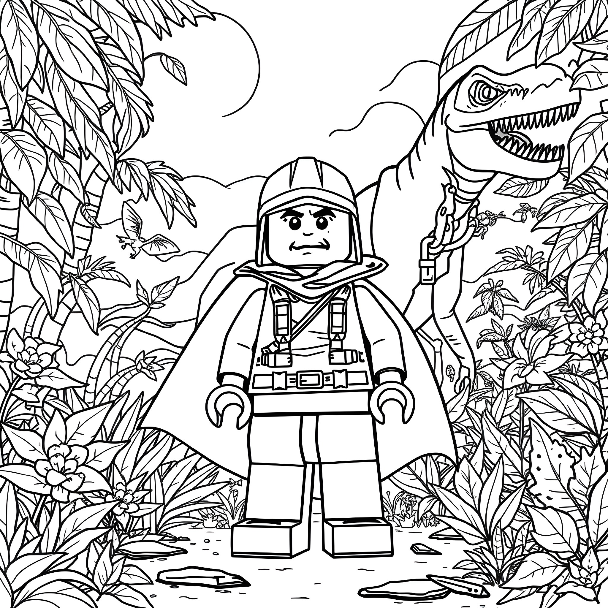 Lego Adventurer Exploring Mysterious Jungle Landscape Coloring Page (free black-and-white line drawing printable PDF for all, from beginners to advanced learners, including children, teens, adults, and seniors)