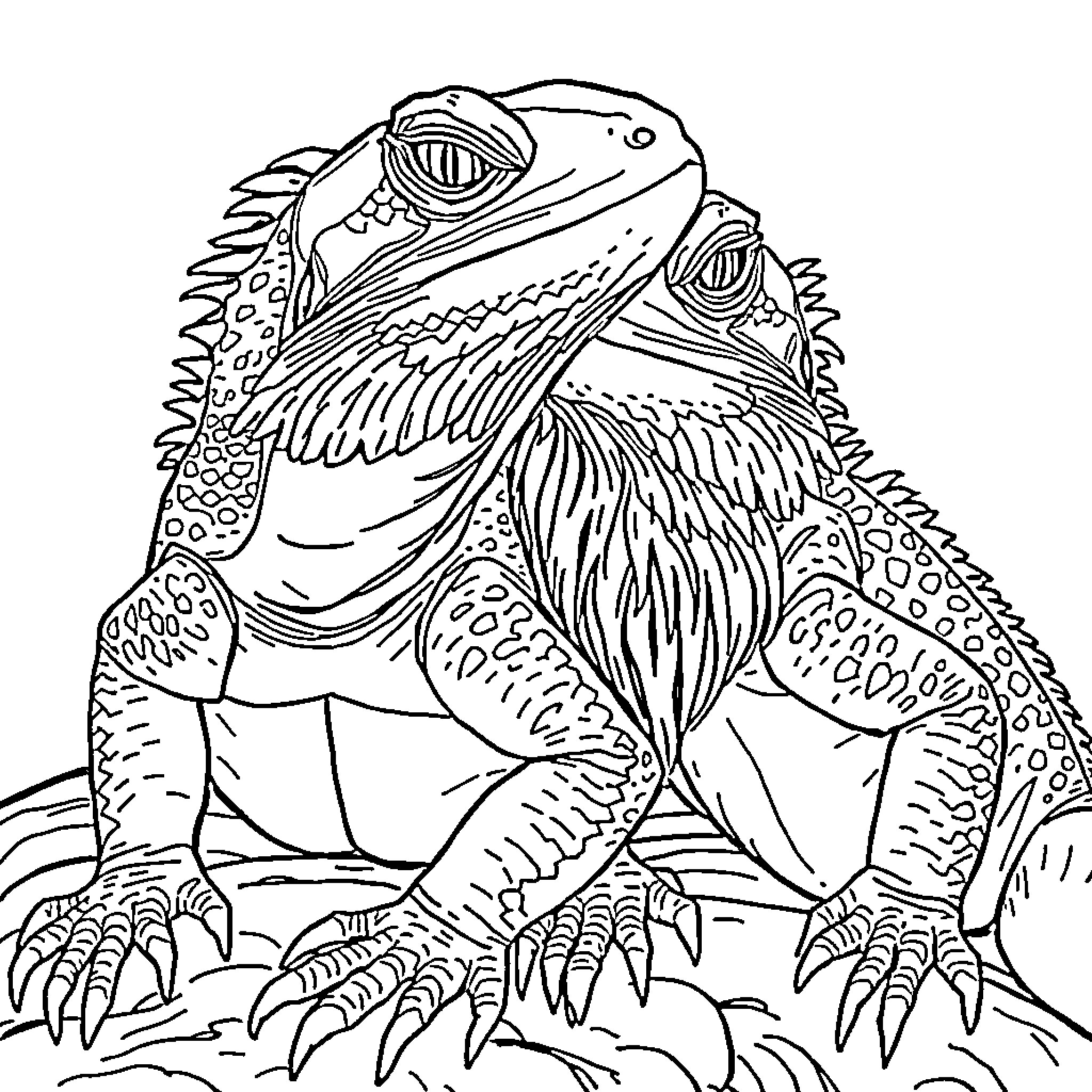 Bearded Dragon in a Detailed Sketch Coloring Page (free black-and-white line drawing printable PDF for all, from beginners to advanced learners, including children, teens, adults, and seniors)