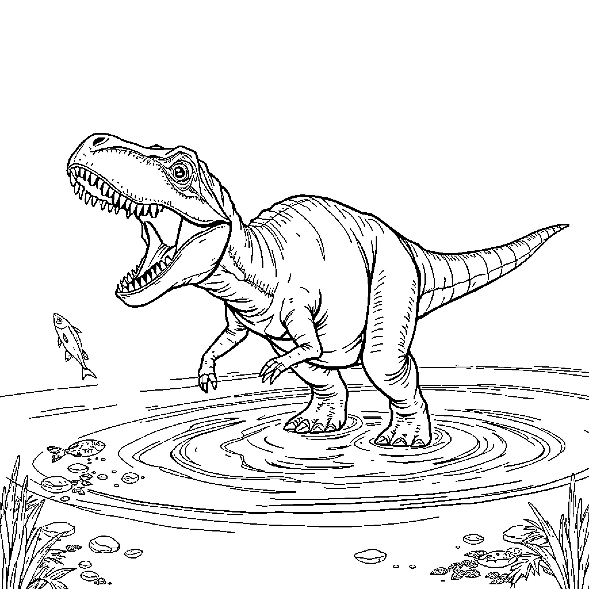 Spinosaurus stalking in the prehistoric swamp Coloring Page (free black-and-white line drawing printable PDF for all, from beginners to advanced learners, including children, teens, adults, and seniors)