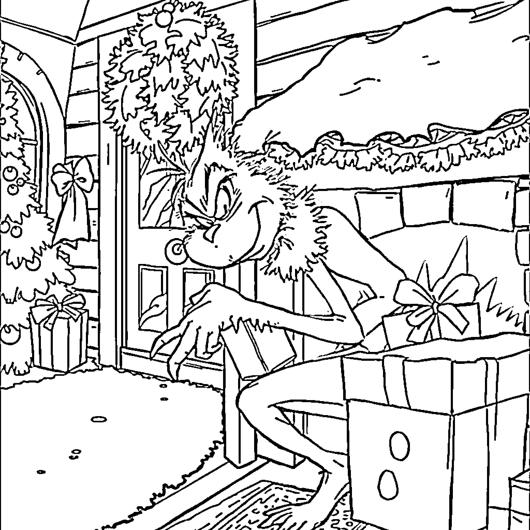 Grinch Spreading Holiday Cheer in Festive Scene Coloring Page (free black-and-white line drawing printable PDF for all, from beginners to advanced learners, including children, teens, adults, and seniors)