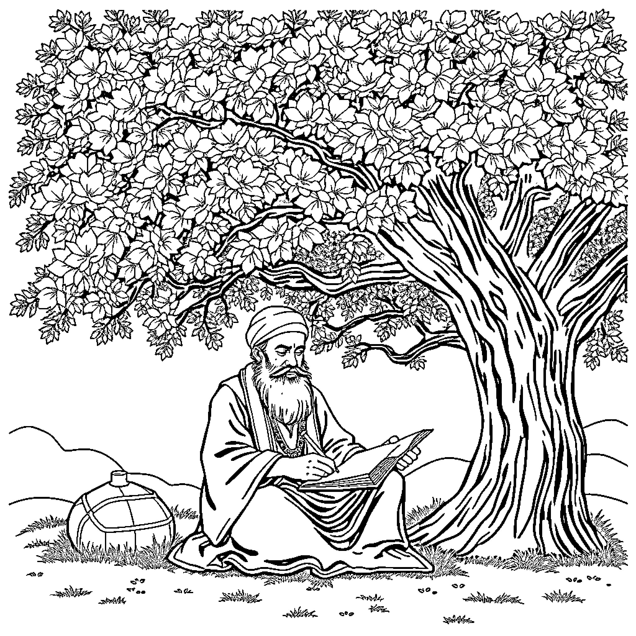 Rumi contemplating under the blossoming tree Coloring Page (free black-and-white line drawing printable PDF for all, from beginners to advanced learners, including children, teens, adults, and seniors)