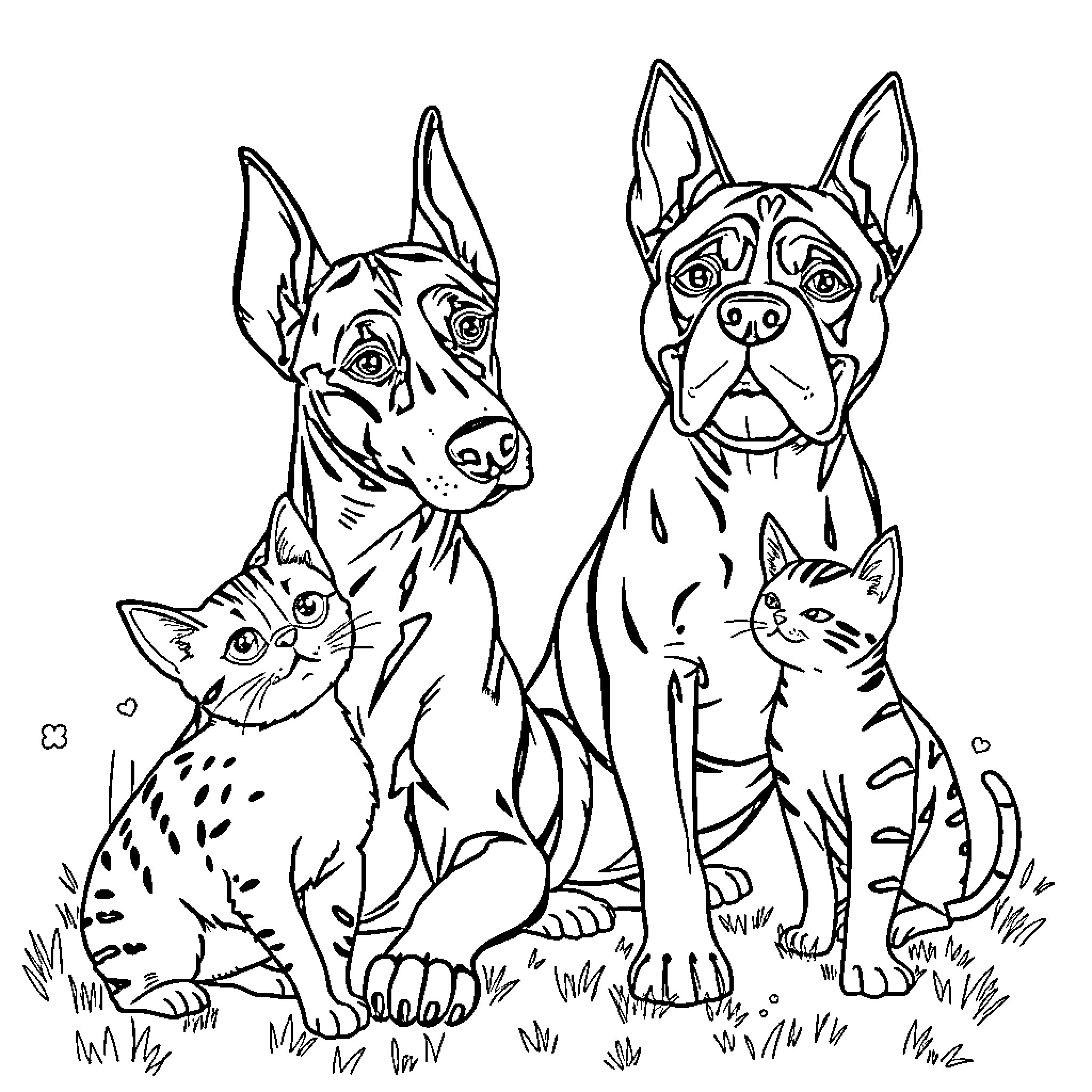 Animal group portrait of friendly dogs and cats Coloring Page (free black-and-white line drawing printable PDF for all, from beginners to advanced learners, including children, teens, adults, and seniors)