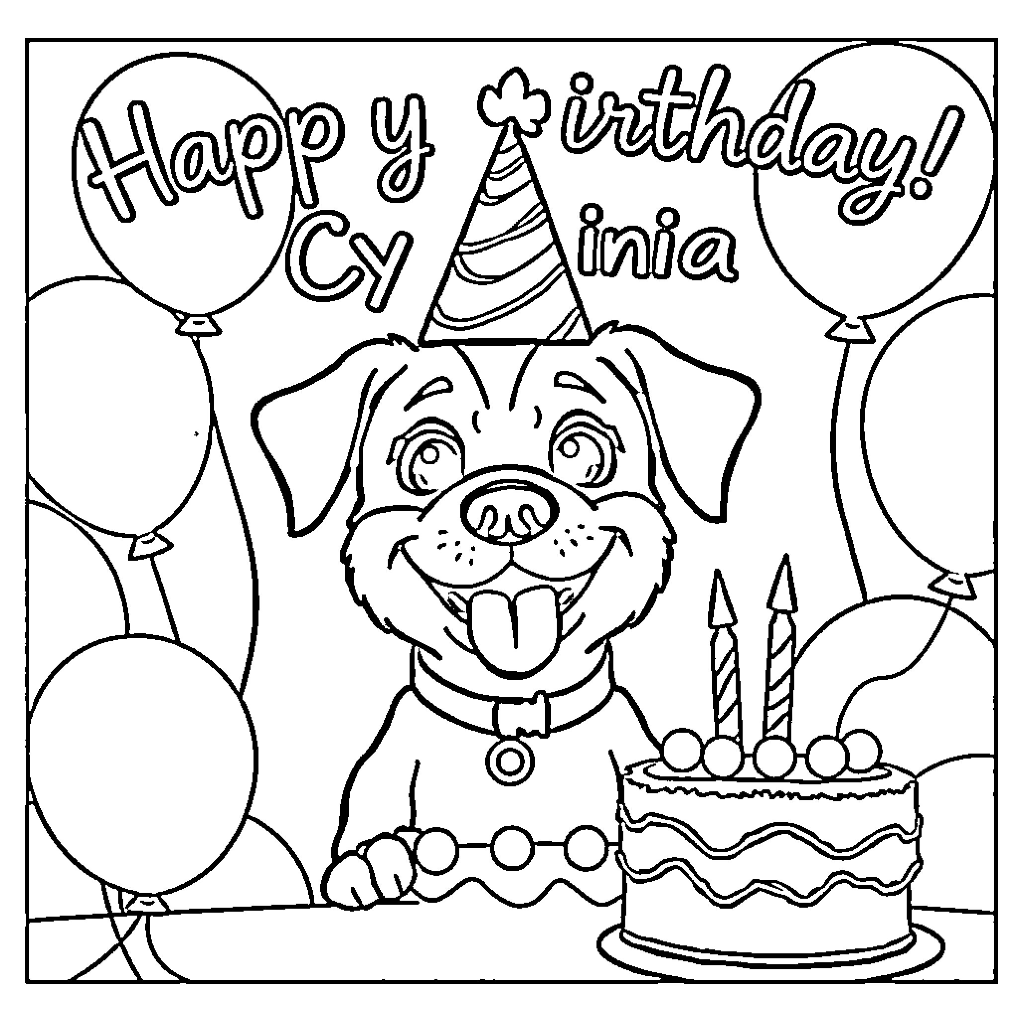 Dog celebrating happy birthday with cake and balloons Coloring Page (free black-and-white line drawing printable PDF for all, from beginners to advanced learners, including children, teens, adults, and seniors)