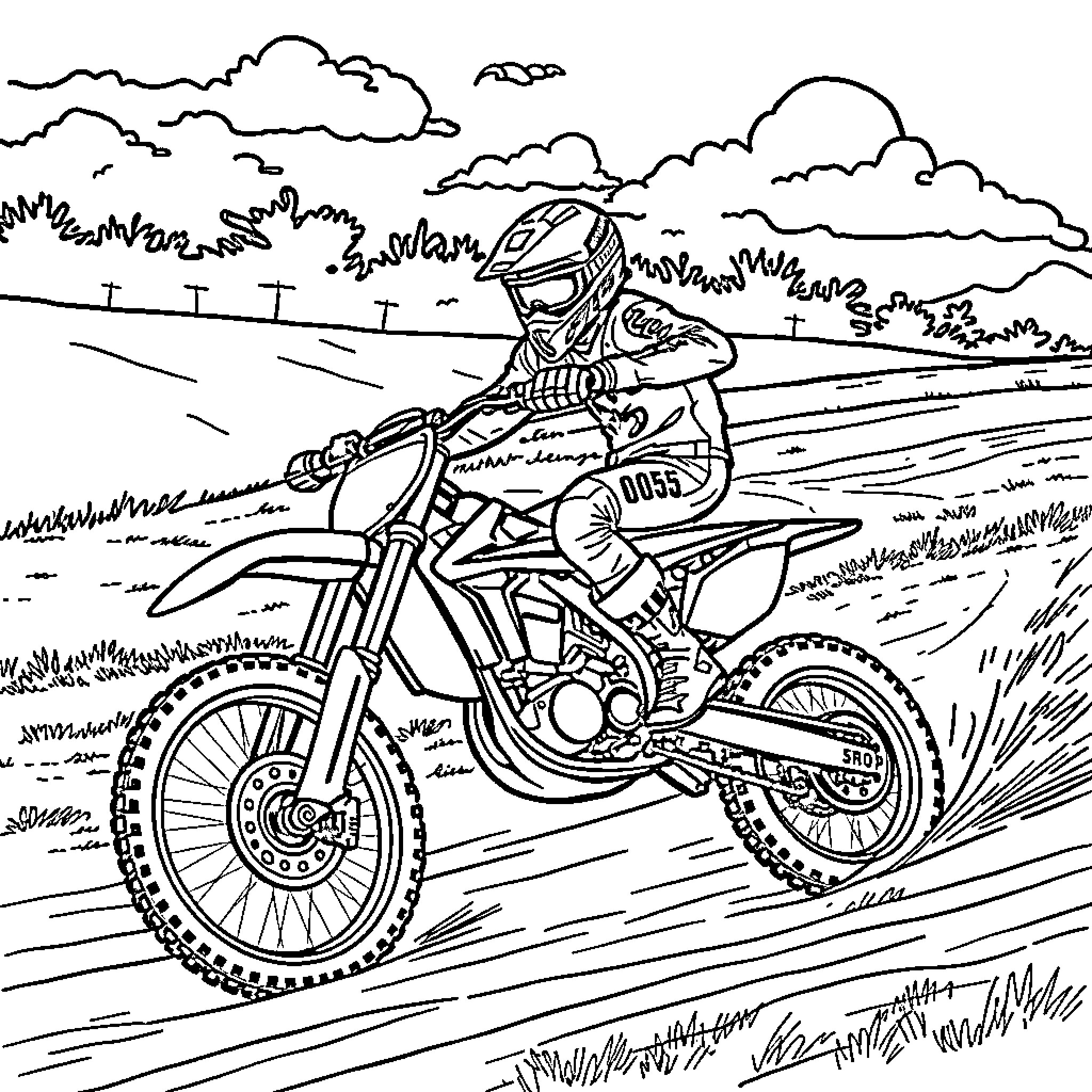 Haiden Deegan riding dirt bike through outdoor scene Coloring Page (free black-and-white line drawing printable PDF for all, from beginners to advanced learners, including children, teens, adults, and seniors)