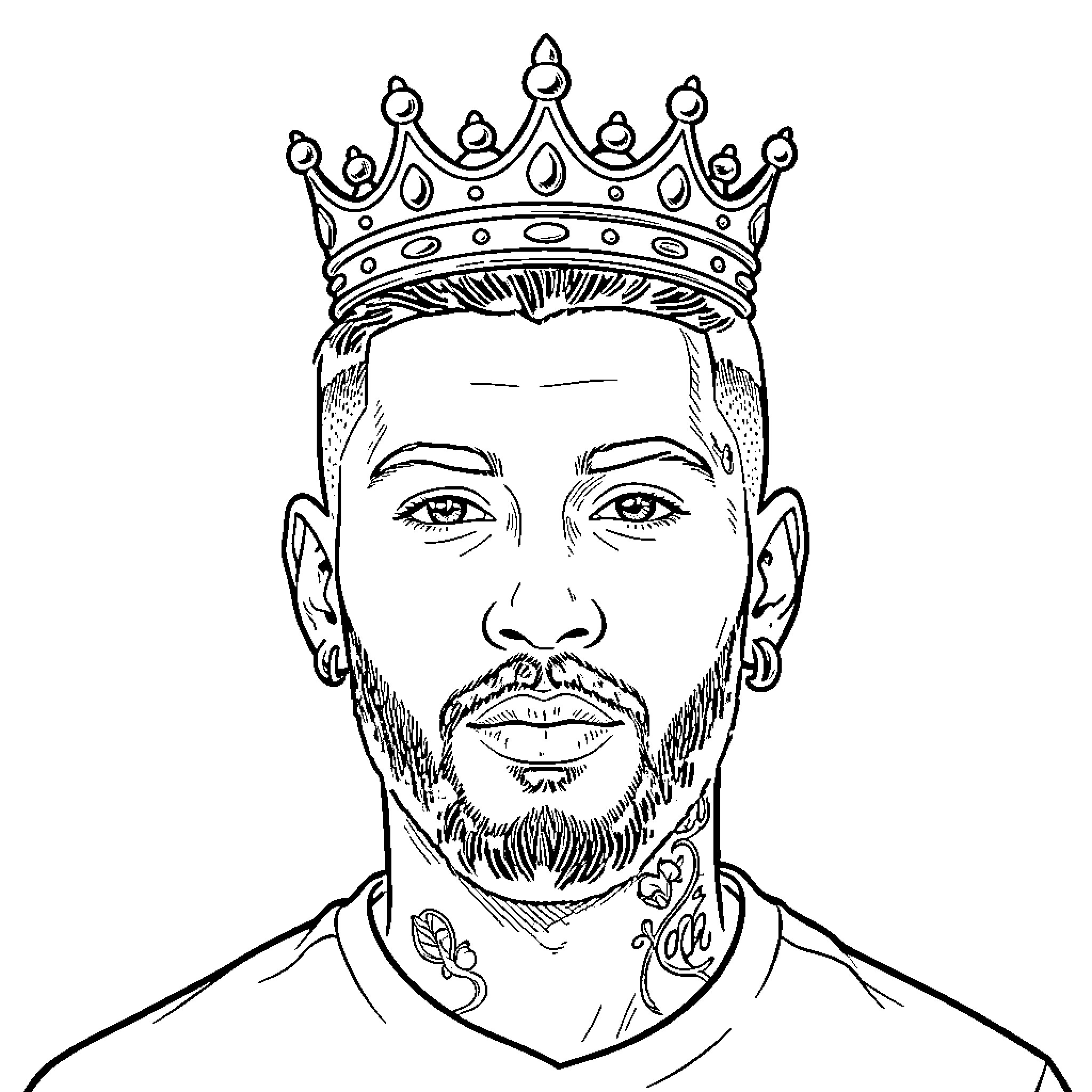Neymar wearing a crown with a serious expression Coloring Page (free black-and-white line drawing printable PDF for all, from beginners to advanced learners, including children, teens, adults, and seniors)