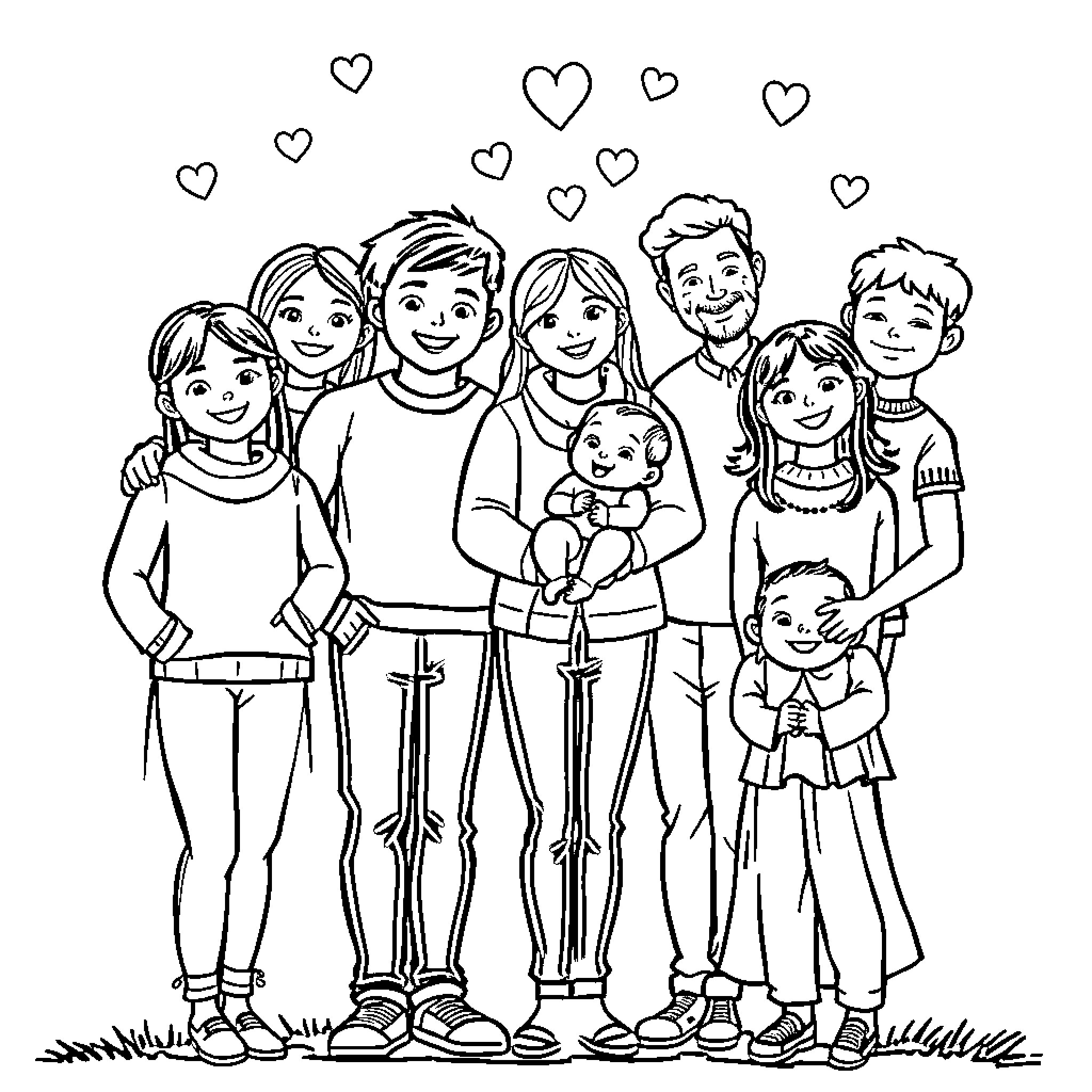 Familia enjoying each other's company with love Coloring Page (free black-and-white line drawing printable PDF for all, from beginners to advanced learners, including children, teens, adults, and seniors)