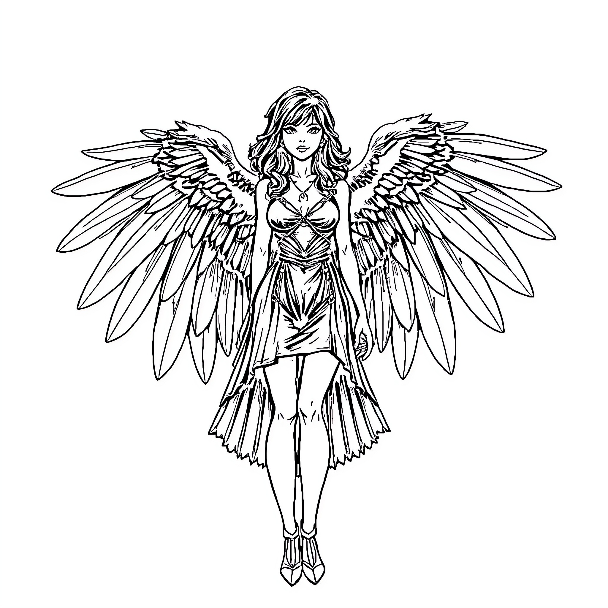 Mylène Farmer Depicted as Winged Angelic Figure Coloring Page (free black-and-white line drawing printable PDF for all, from beginners to advanced learners, including children, teens, adults, and seniors)