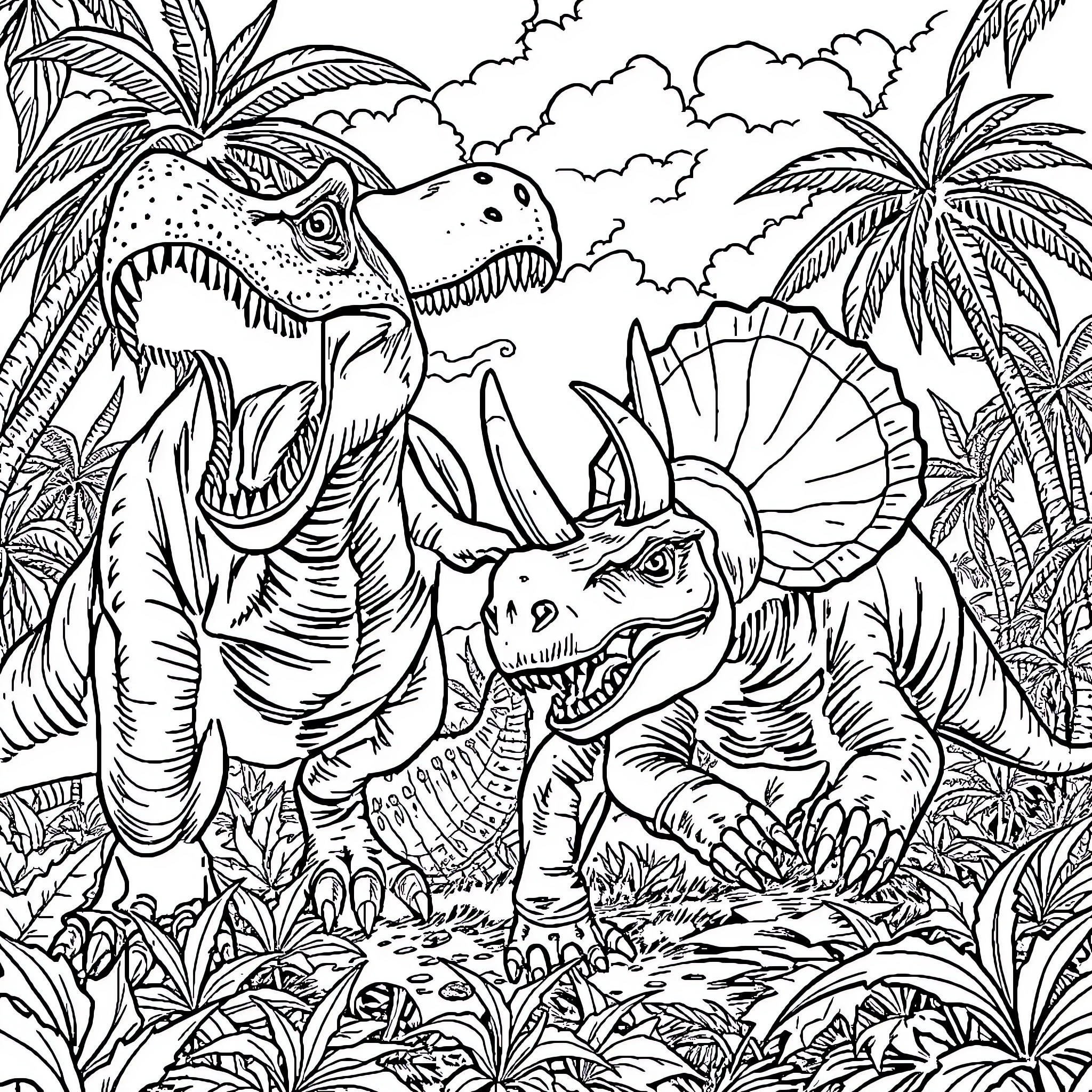 Dinosaurs roaming in the prehistoric jungle Coloring Page (free black-and-white line drawing printable PDF for all, from beginners to advanced learners, including children, teens, adults, and seniors)