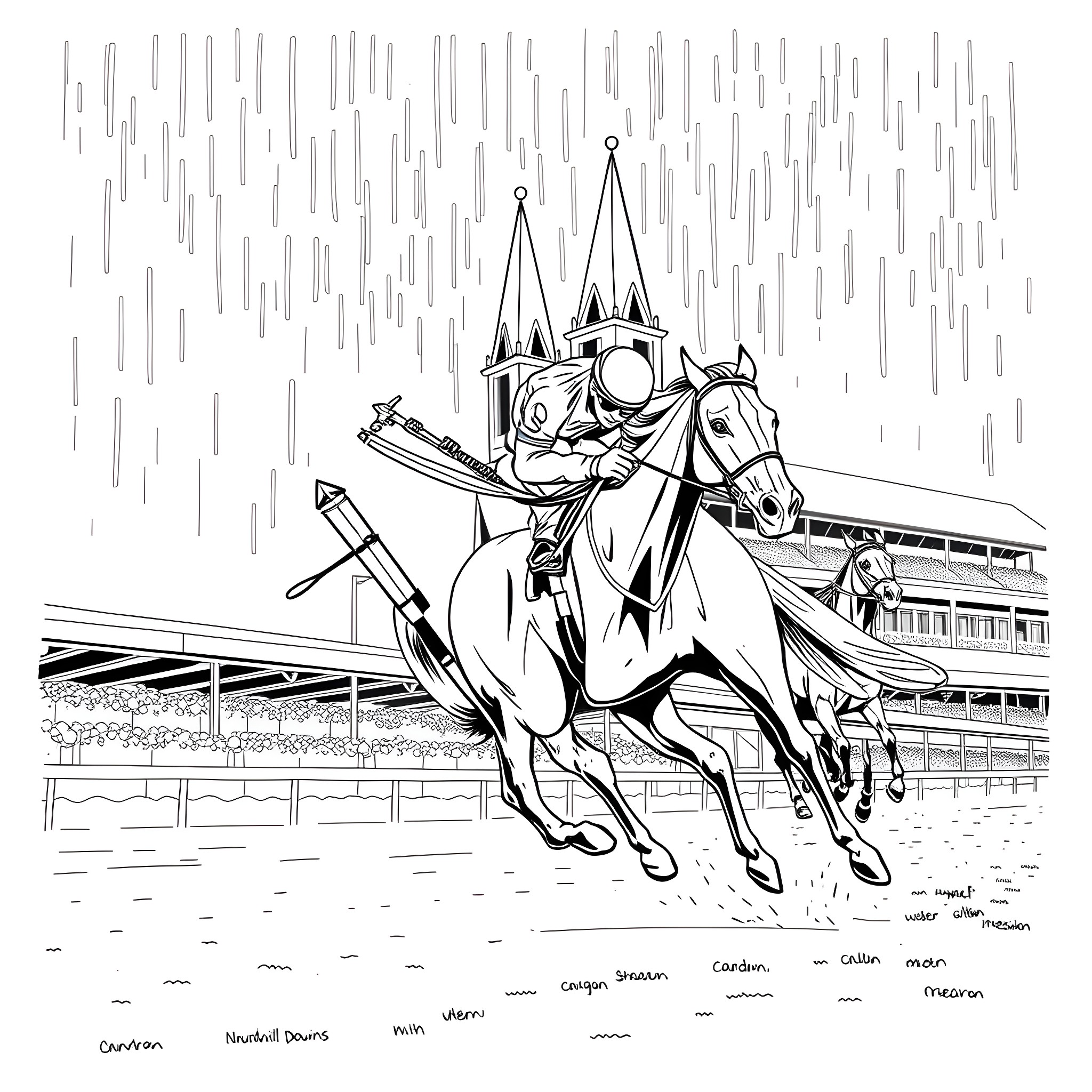 Racehorse galloping toward the finish line Coloring Page (free black-and-white line drawing printable PDF for all, from beginners to advanced learners, including children, teens, adults, and seniors)