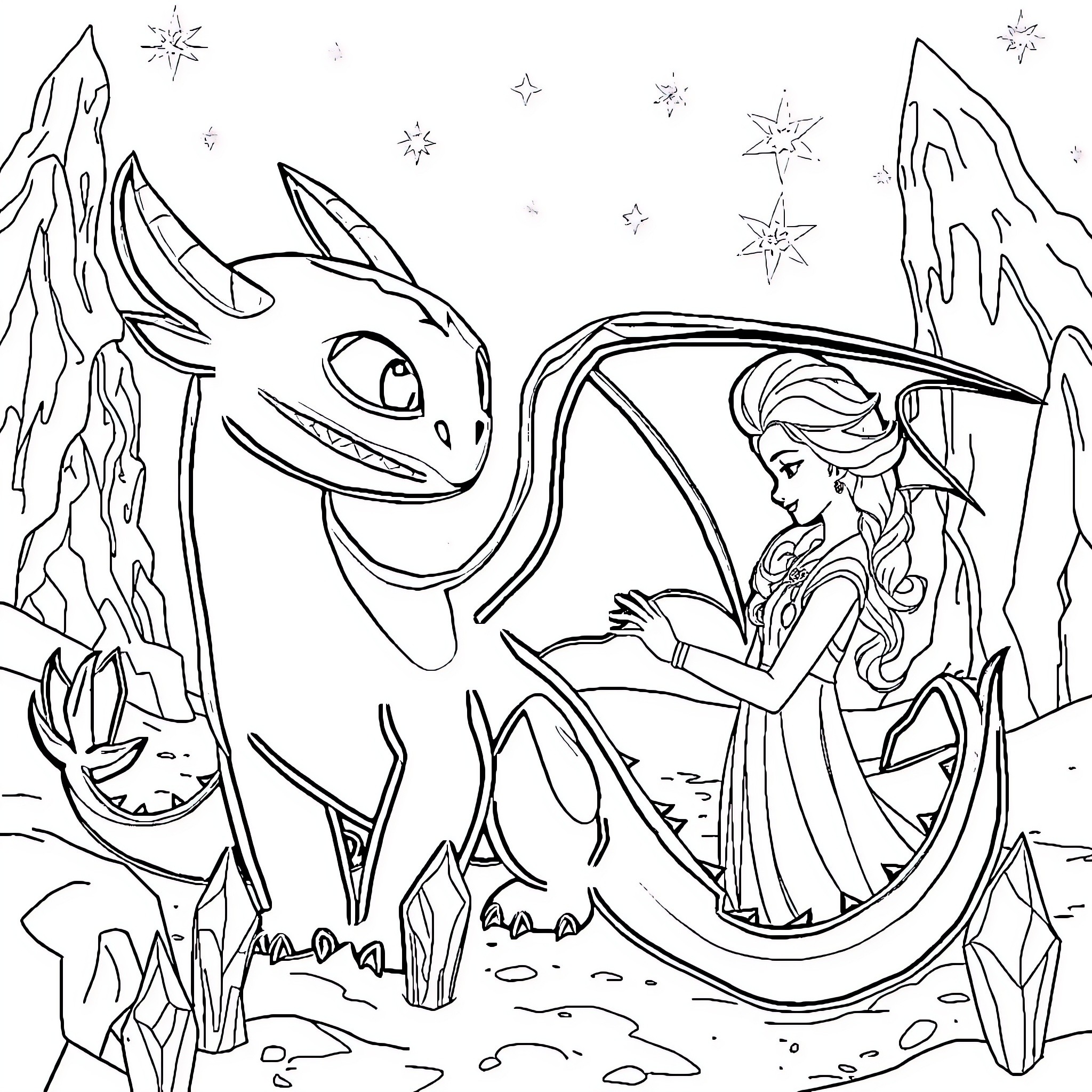 Toothless and the Winter Princess Coloring Page (free black-and-white line drawing printable PDF for all, from beginners to advanced learners, including children, teens, adults, and seniors)