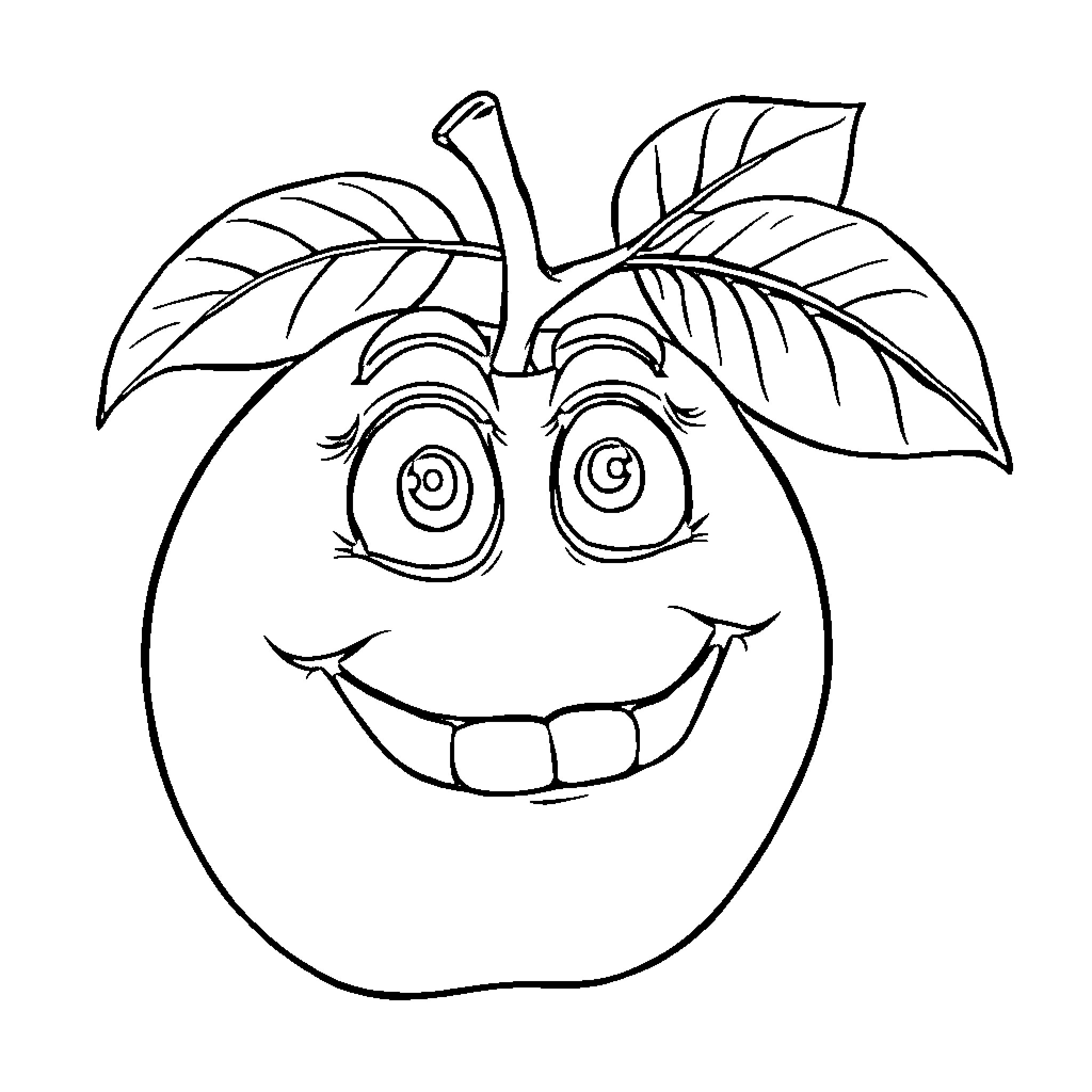 Apple with happy expression and leaves Coloring Page (free black-and-white line drawing printable PDF for all, from beginners to advanced learners, including children, teens, adults, and seniors)