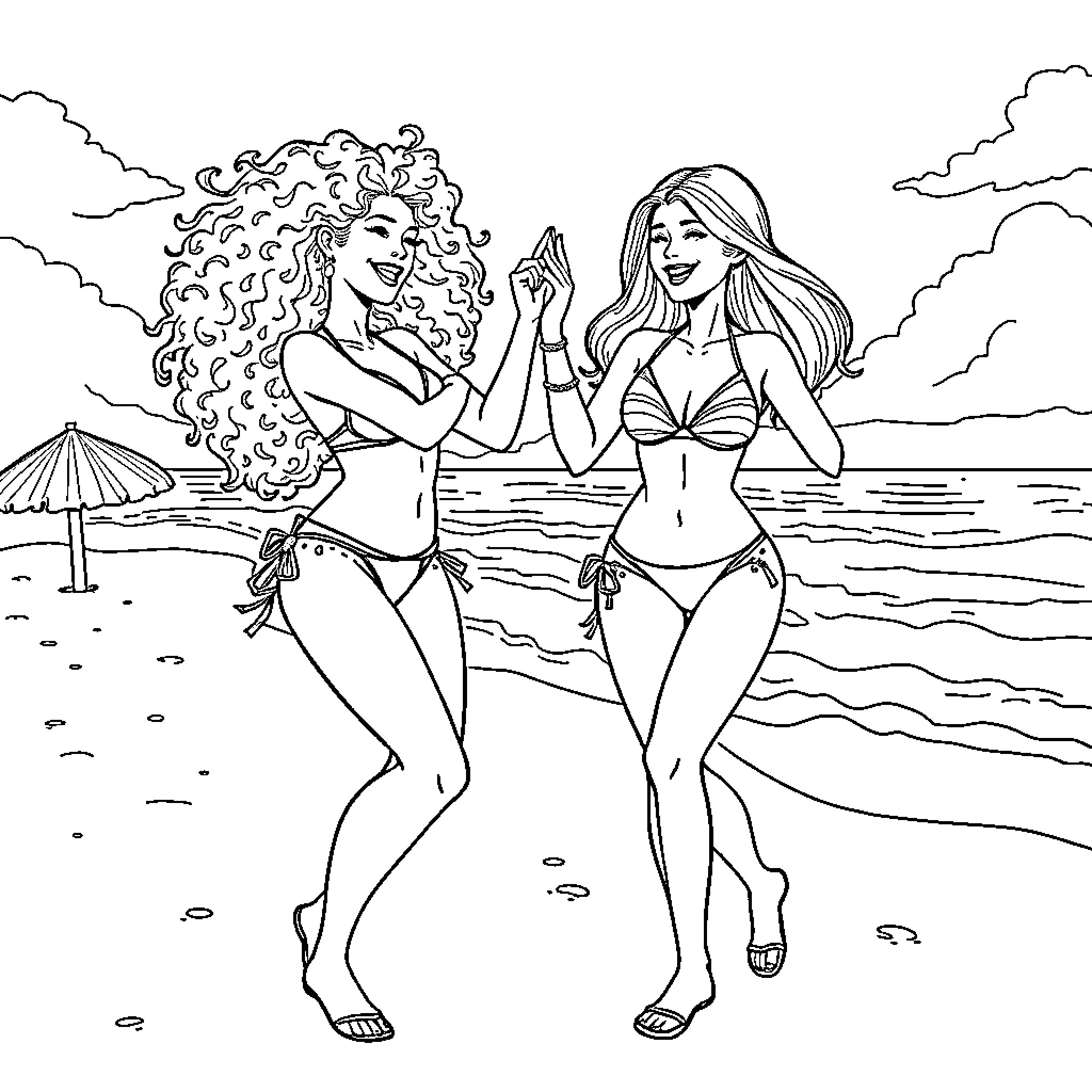 Girl friends enjoying summer beach day Coloring Page (free black-and-white line drawing printable PDF for all, from beginners to advanced learners, including children, teens, adults, and seniors)