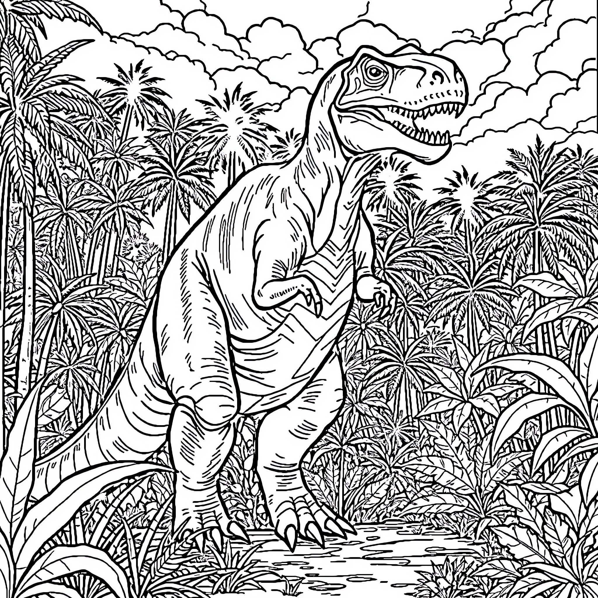 Dinosaur roaming through lush jungle landscape Coloring Page (free black-and-white line drawing printable PDF for all, from beginners to advanced learners, including children, teens, adults, and seniors)