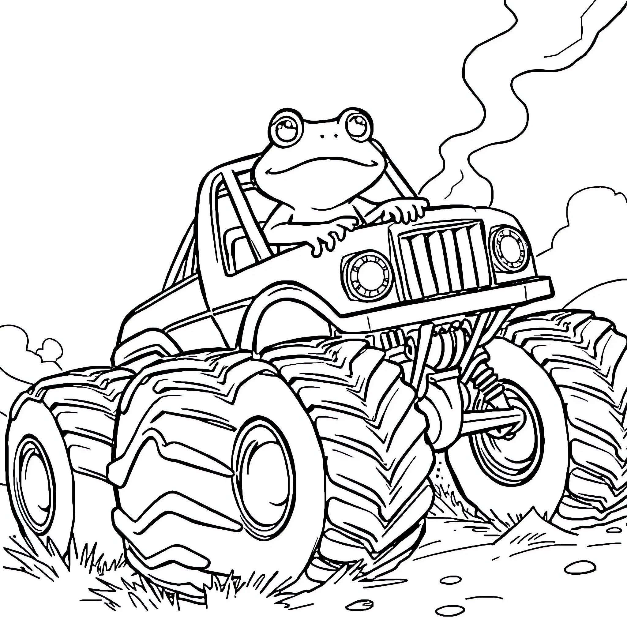 Frog driving a monster truck through the mud Coloring Page (free black-and-white line drawing printable PDF for all, from beginners to advanced learners, including children, teens, adults, and seniors)