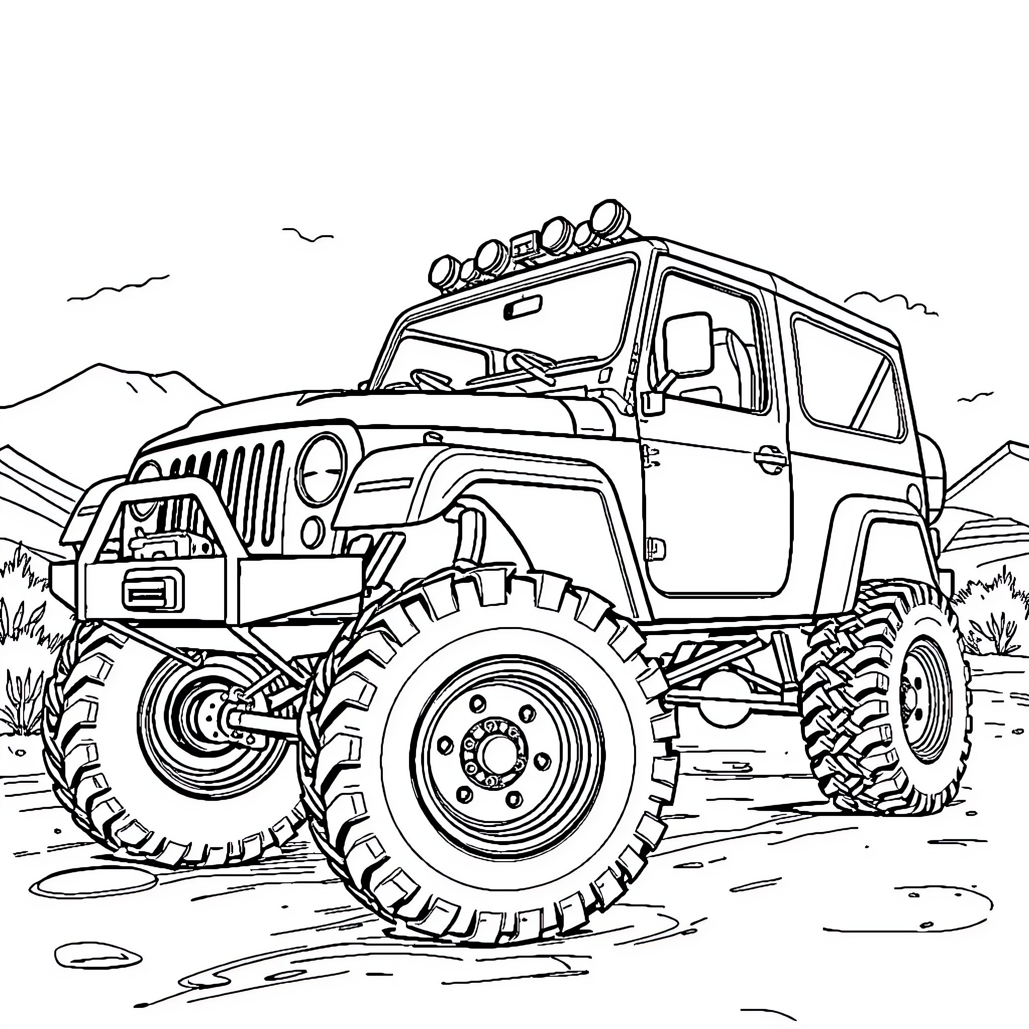 Car Navigating Rugged Terrain in the Mountains Coloring Page (free black-and-white line drawing printable PDF for all, from beginners to advanced learners, including children, teens, adults, and seniors)